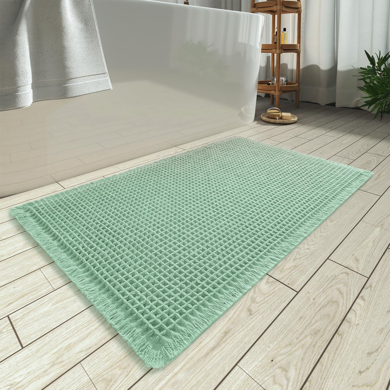 Upgraded Waffle Bath Mat, Super Absorbent Non Slip Mats for Bathroom Floor, Machine Washable Rugs with Tassels, Rubber Backed Mats, Ultra Soft, 17" x 24", Sage -