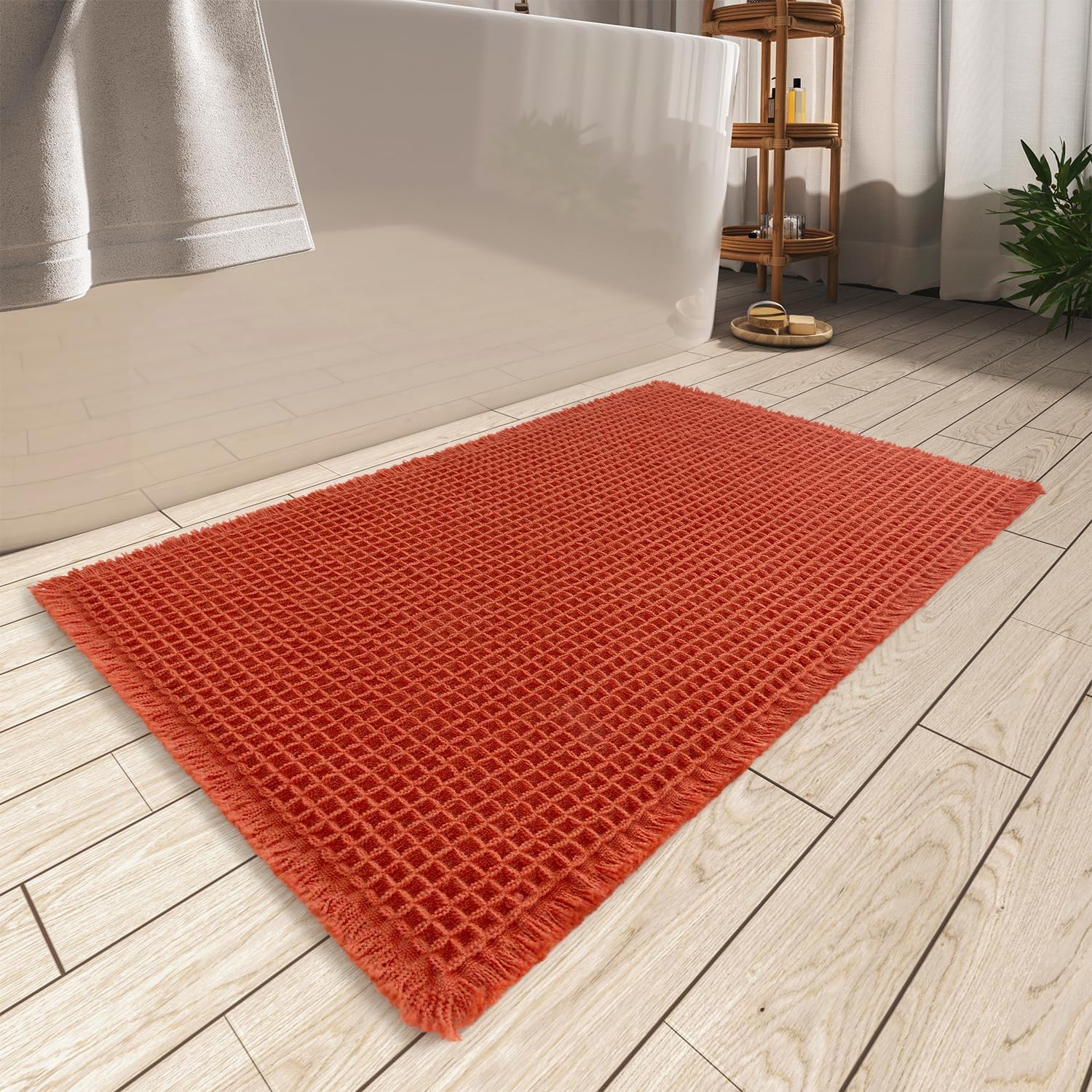 Upgraded Waffle Bath Mat, Super Absorbent Non Slip Mats for Bathroom Floor, Machine Washable Rugs with Tassels, Rubber Backed Mats, Ultra Soft, 20" x 32", Orange -