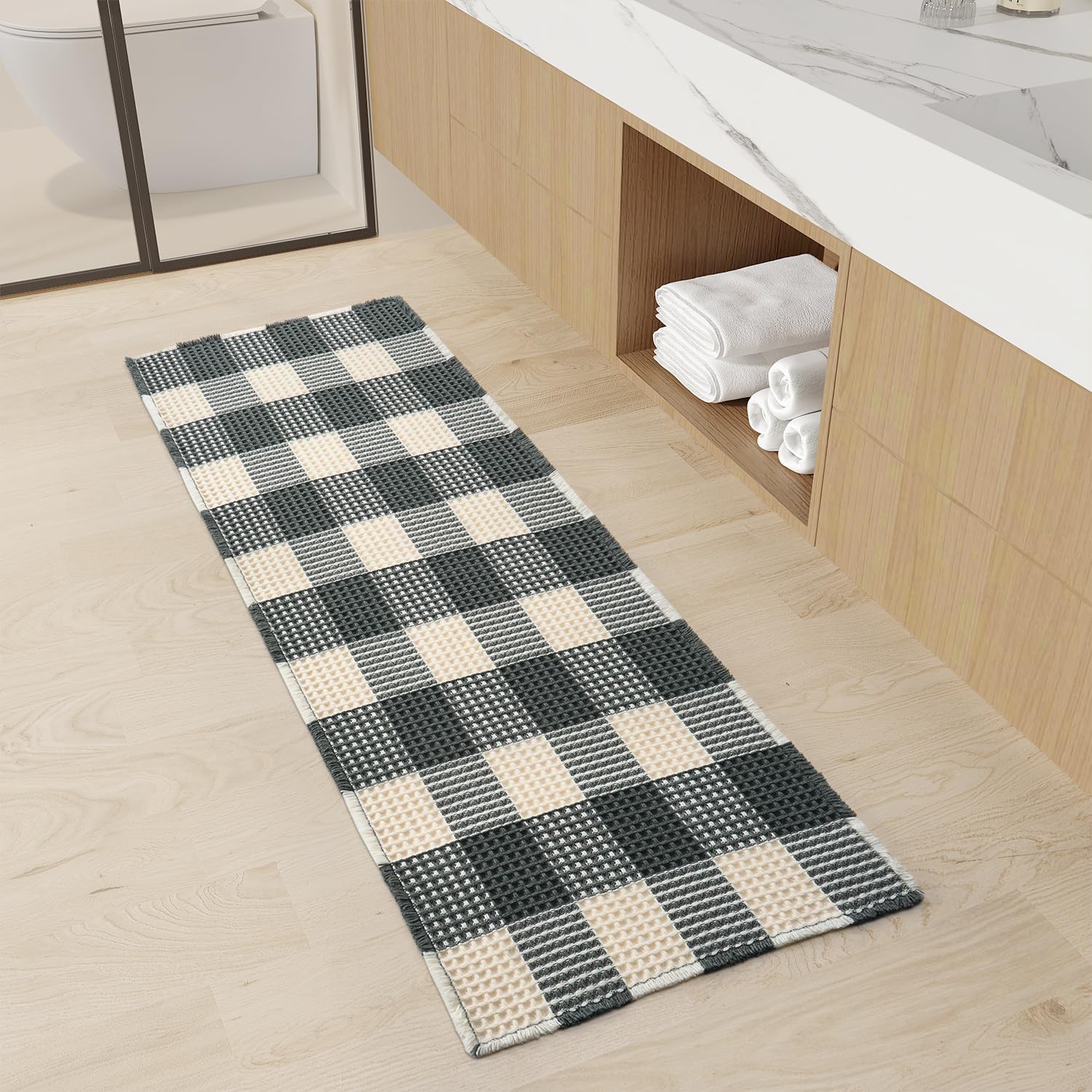 Unique Waffle Runners for Hallways, Super Absorbent Non Slip Bathroom Runner Rug Patchwork Checkered Boho Bath Mat Washable Entryway Kitchen Bedroom Laundry Room Sink, 2' x 6' -
