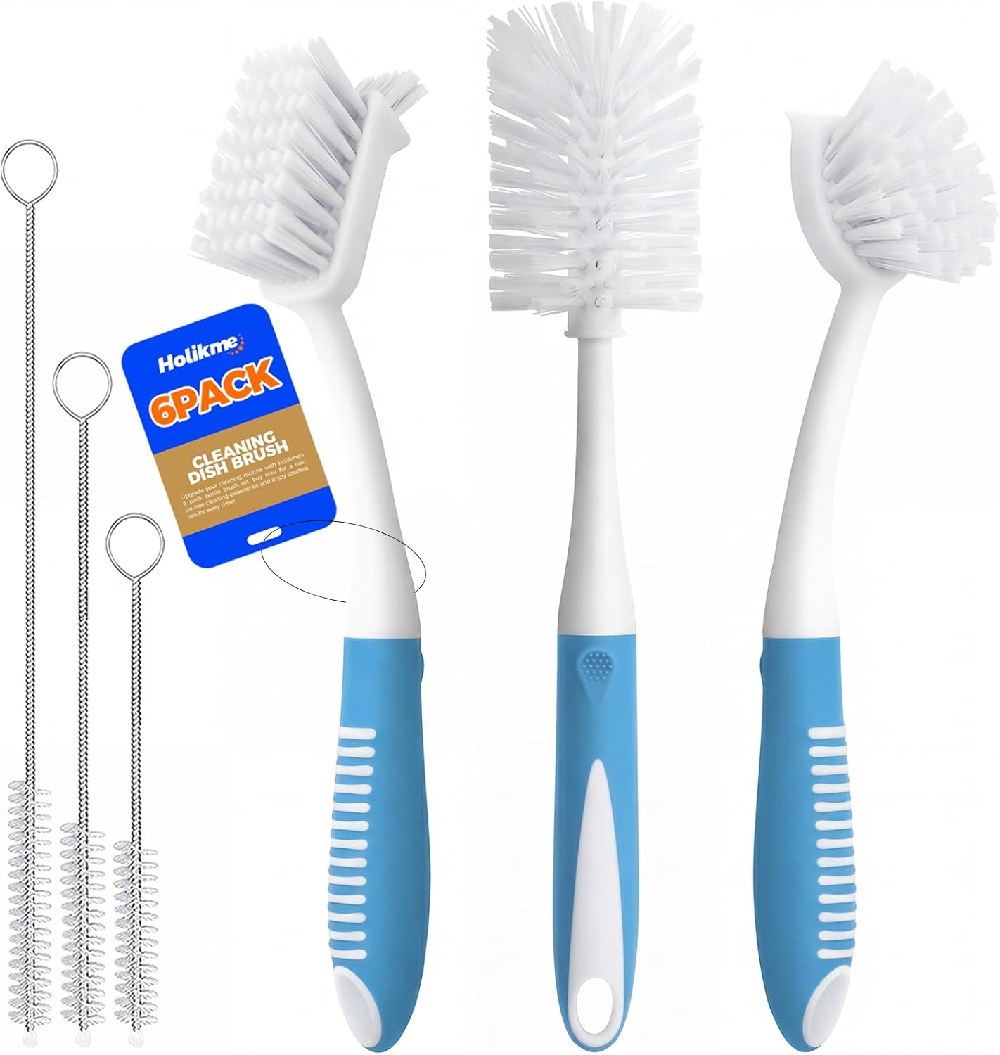 6 Pack Dish Brush Set with Bottle Brush, Scrub Pan and 3 Straw Brushes, Deep Cleaning Handle Scraper Tip for Kitchen Sink Dishes Cup Pot Pans Blue -