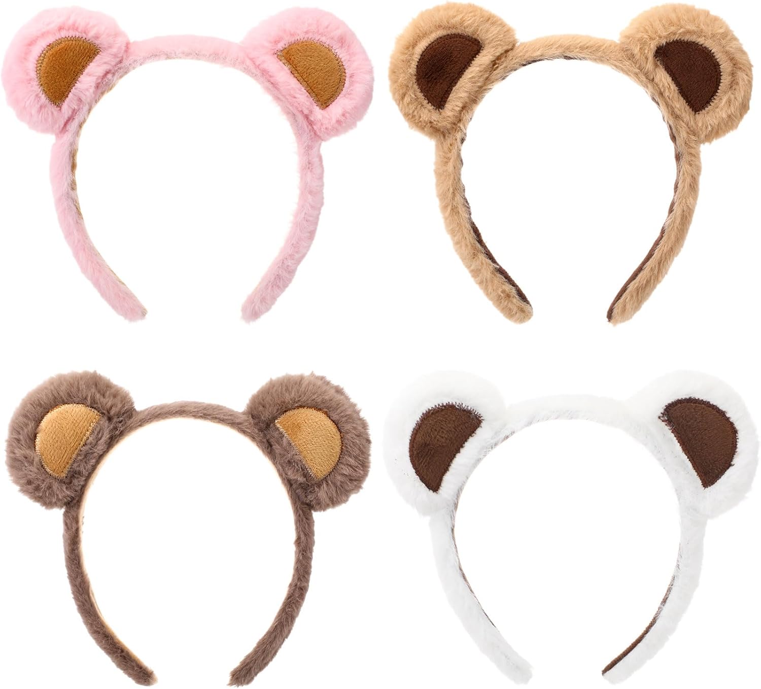 4 Pcs Bear Ears Headbands Bulk for Adults Kids Plush Animal Fluffy Cute Hair Hoops Accessories Birthday Party Cosplay Dress up Makeup Washing Face Women Valentine Girls -