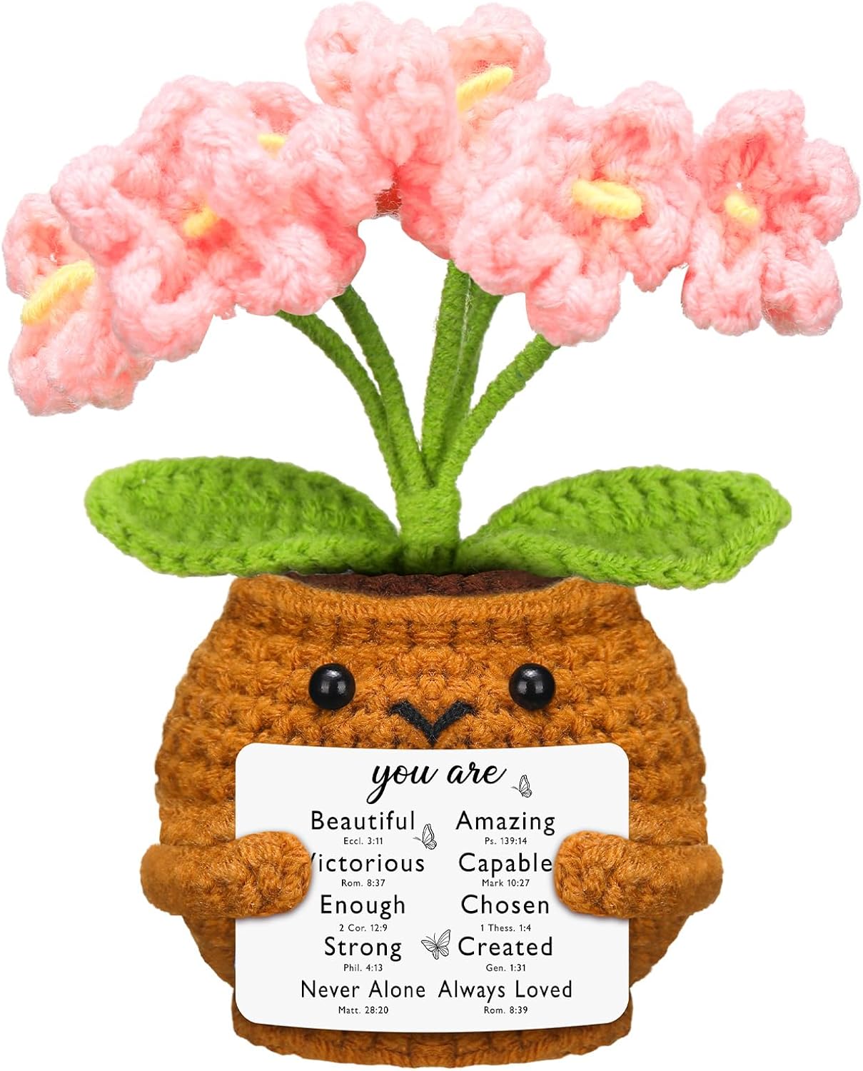 Christian Gift for Women Positive Handmade Crochet Doll with Bible Verse Prayer Card Inspirational Scripture Religious Mother's Day Sunday Group Church Forget Me Nots -