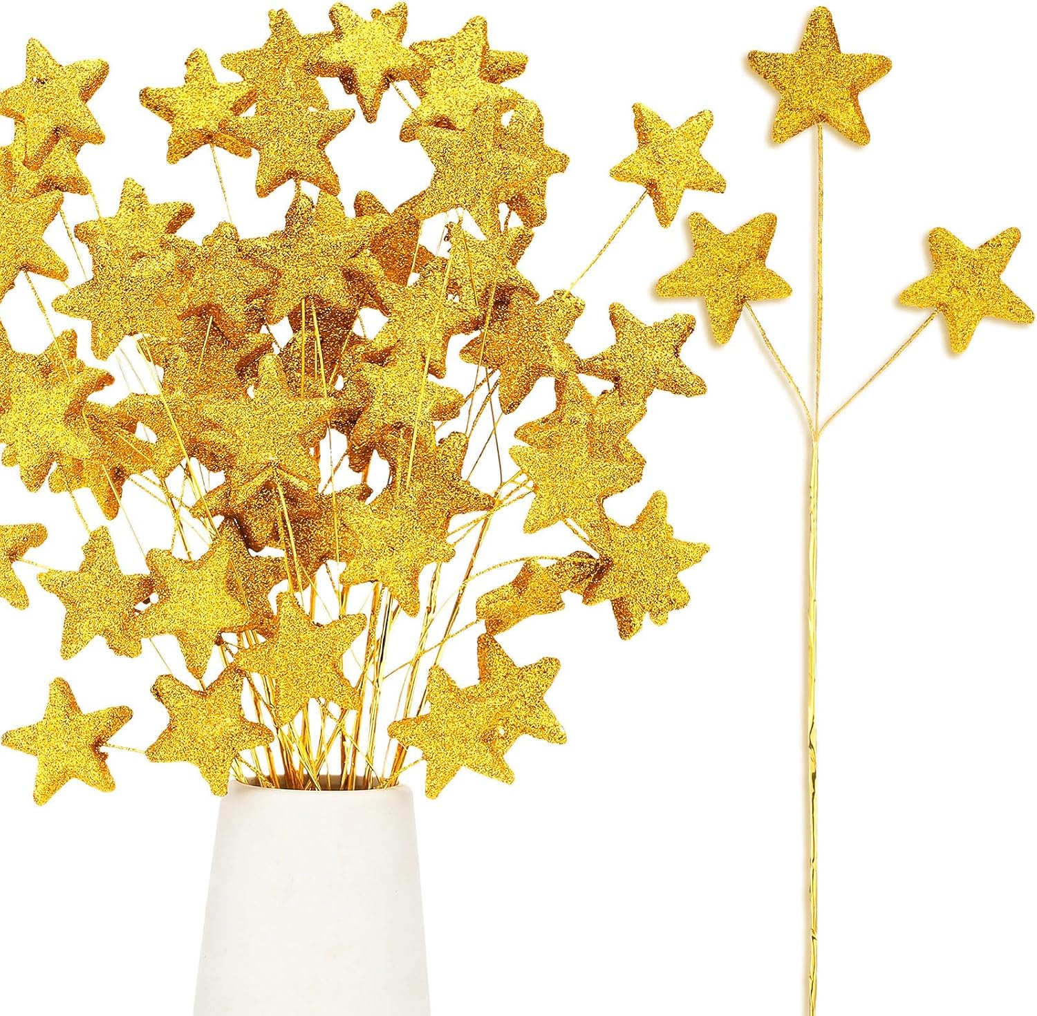 24 Pcs Glitter Star Picks 13.8'' Sparkly Stem Decoration Foam Vase Sticks Centerpiece Table Craft Filler for Wreath Birthday Wedding Bridal Shower Arrangement Gold Gold -