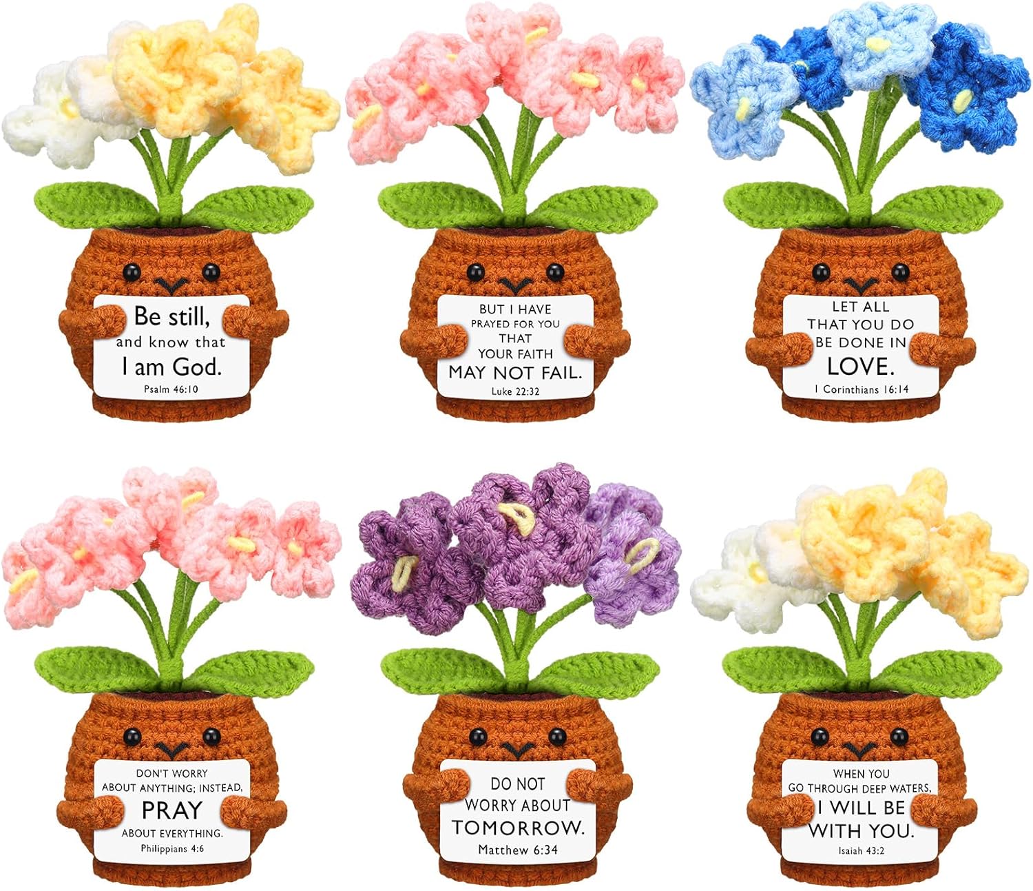 6 Pcs Christian Gift for Women Faith Scripture Religious Positive Handmade Crochet Doll with Bible Verse Prayer Card Inspirational Sunday Church Forget Me Not -
