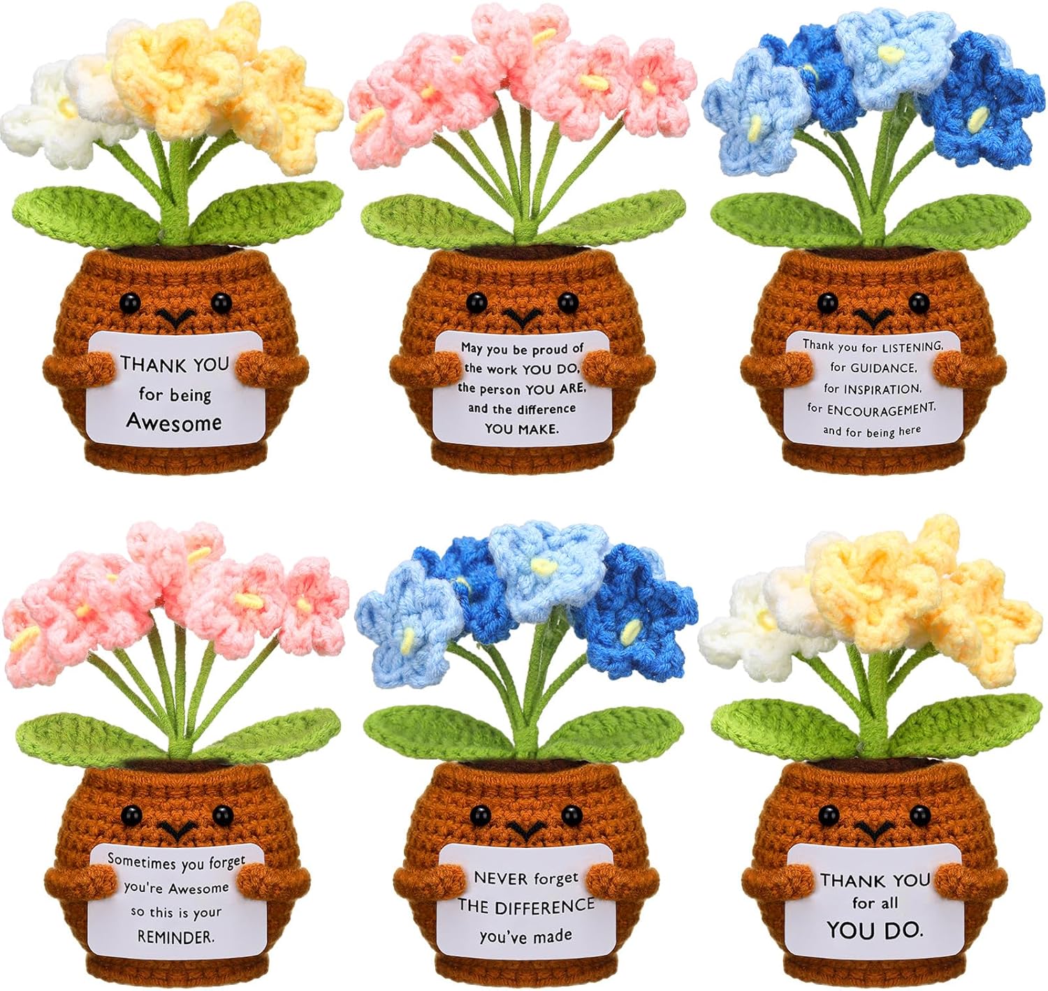 6 Pcs Employee Appreciation Gifts Bulk for Team Coworkers Thank You Positive Handmade Crochet Doll with Inspirational Card Staff Women Men Office Forget Me Not -