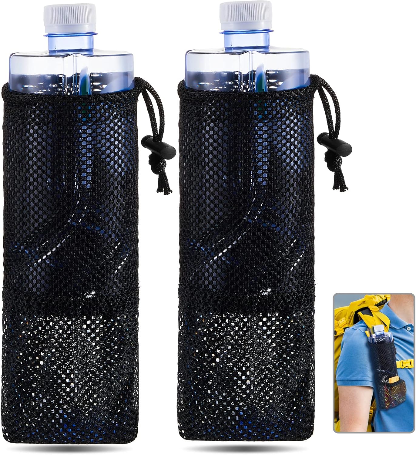 2 Pcs Water Bottle Holder for Backpack Foldable Mesh and Snack Adjustable Pouch Tactical Attachments Carrier Hiking Bicycle Black -