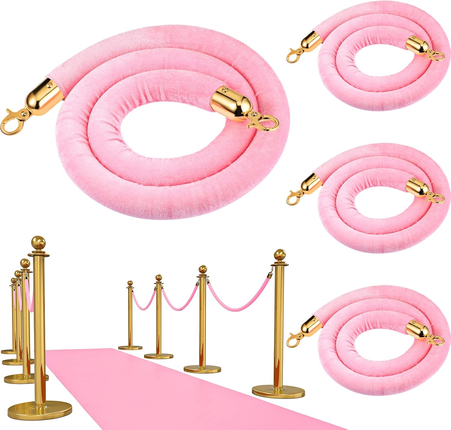 4 Pieces Pink Velvet Stanchion Rope 5 Feet Ropes with Gold Clasps for Party Hotels Wedding Movie Theaters Grand Openings Crowd Control Barrier Supplies -