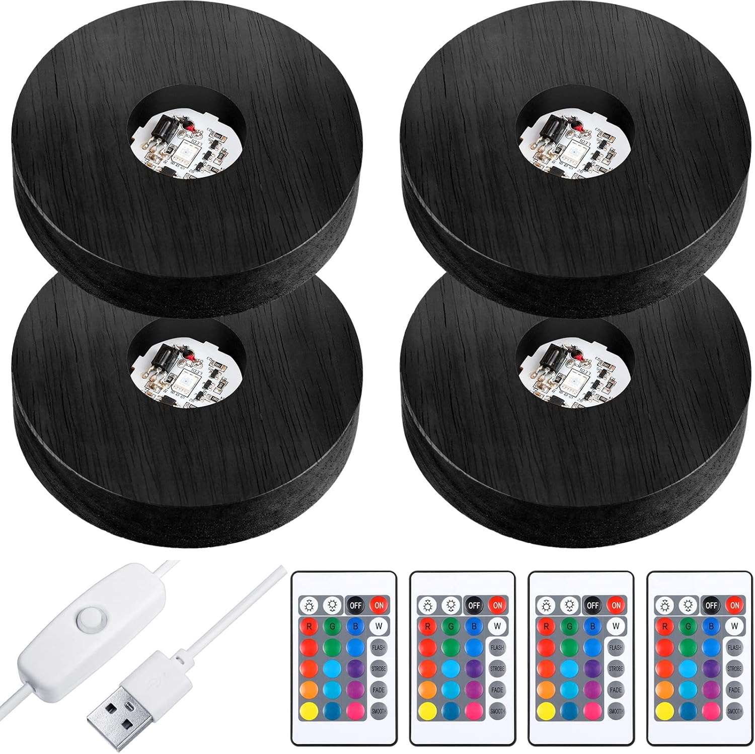 4 Pieces Wood LED Display Light Base Crystal Stand Remote Control Round 16 Lighting Modes Wooden Lighted Holder Colorful Pedestal for Glass Resin Ball Black black -