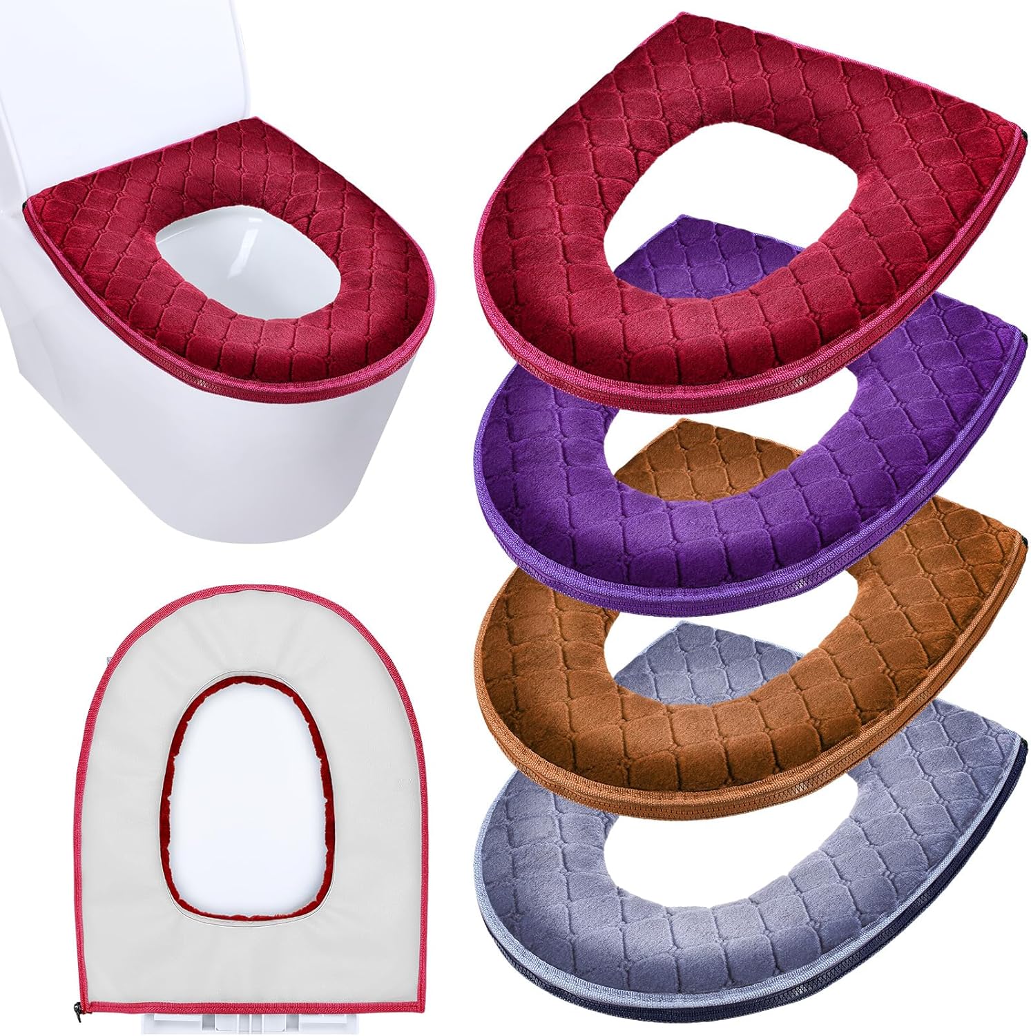 4 Pcs Toilet Seat Covers Pads for Bathroom Comfortable Cushion Cover Soft Thicker Warmer Washable Pad with Zipper Home Reusable Modern,Gray, Violet, Red, Brown Gray, Brown Modern