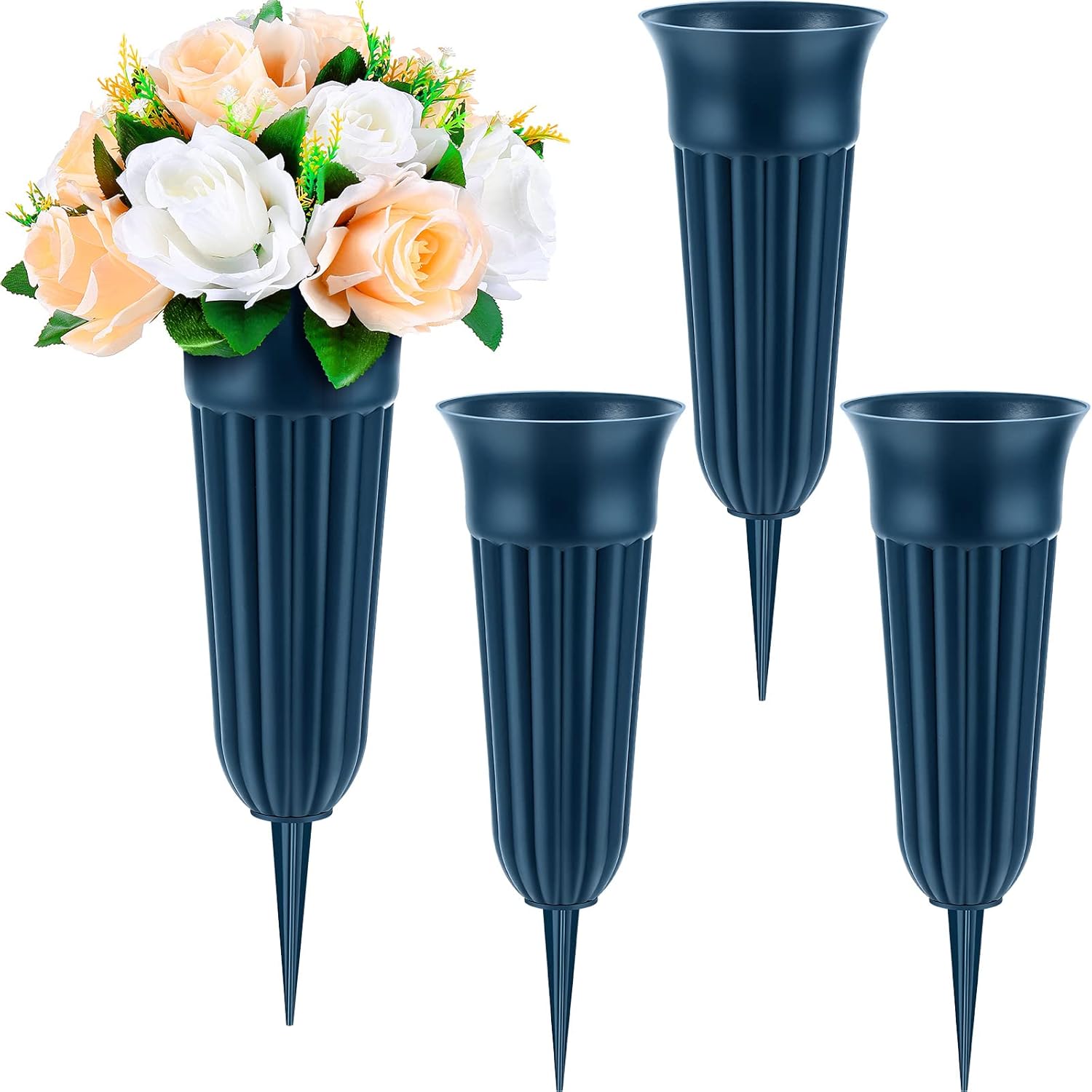 4 Pack Cemetery Vases with Spikes Headstone Vase for Graves Memorial Grave Site Decorations Floral Markers Flower Holder Plastic Hollow Drainage Hole Classic Style -