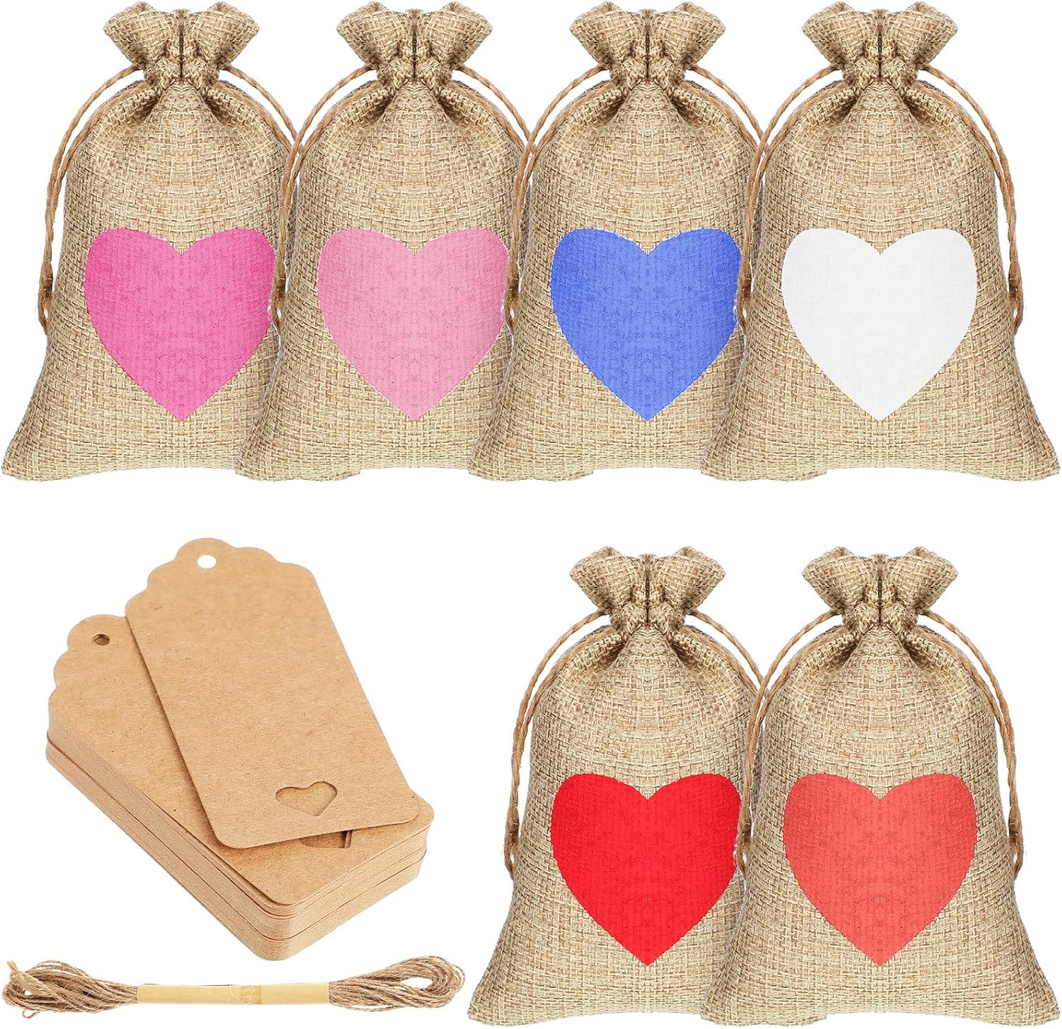 36 Pcs Valentine's Day Burlap Gift Bags with Drawstring Heart 6x4 In Party Favor Bag Mini Rustic Pouches Wedding Tags and Rope for Valentine Bridal Shower Cute, Burlap -