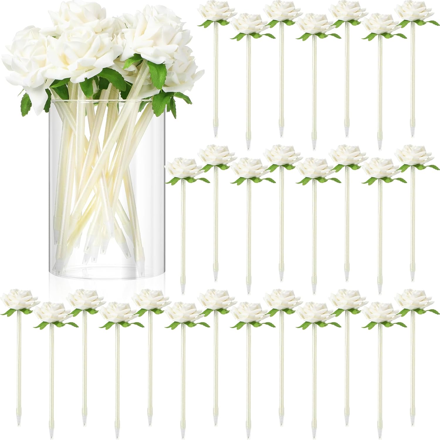 28 Pcs Valentine's Day Flower Rose Pens Valentine Gifts Artificial Floral 0.5mm Black Ink Gel Pen for Valentines Wedding Mother's Home Office Supplies White White -
