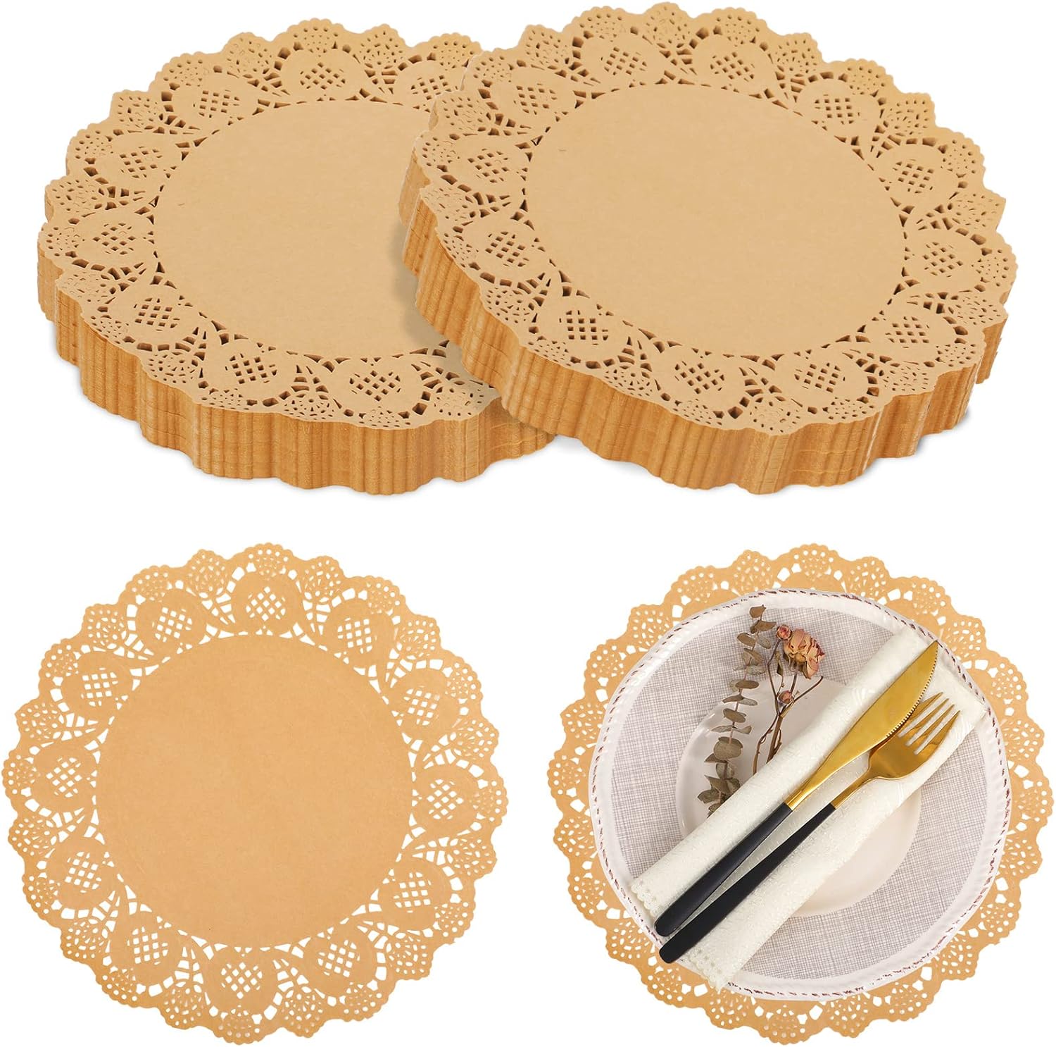 600 Pcs Round Kraft Paper Doilies, 12 Inch Disposable Lace Placemats, Rustic Scallop Doily Table Pads for Wedding, Birthday Party, Food, Cakes, Oil-Proof, Reusable Tableware Decor Brown Brown -