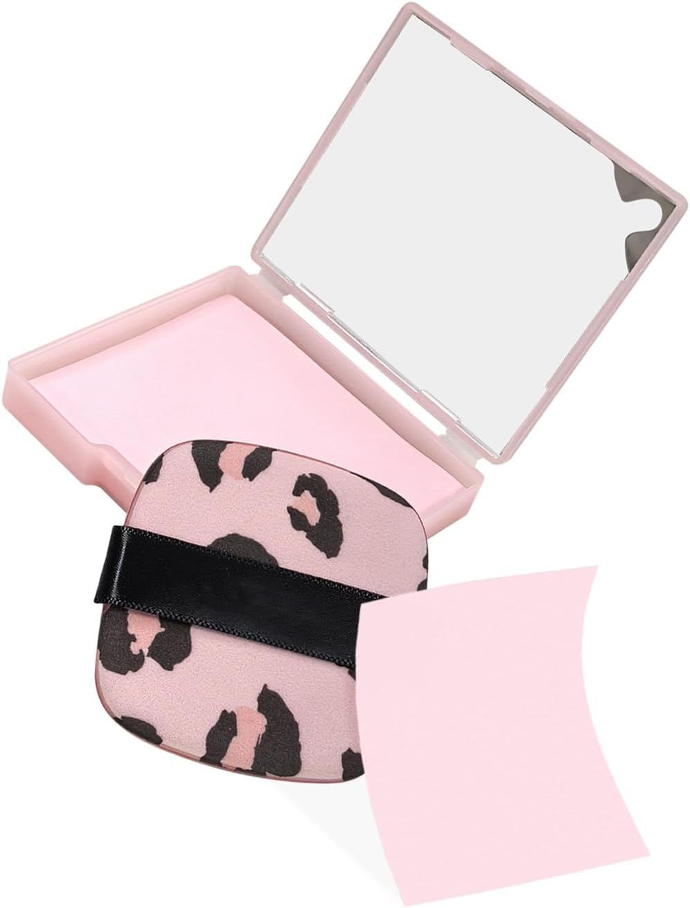 3-in-1 Oil Blotting Paper Set for Face Absorbing Sheet with Portable Mirror & Adhesive Makeup Puff, Oily Skin, Design Men Women 100 Sheets, Pink Leopard Print