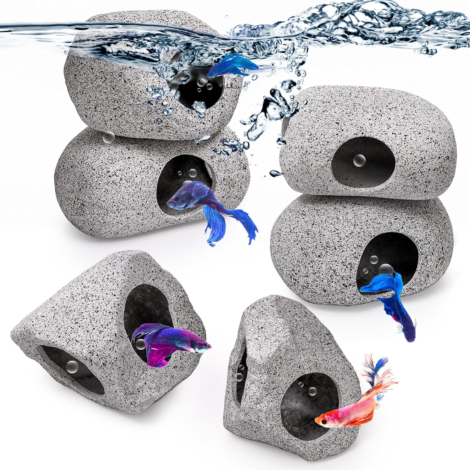 6 Pack Aquarium Decoration Rock Caves, Betta Fish Tank Hideaway, Hideout Stones House Decor for Cichlid Shrimp Territorial Hiding Breeding Spawning, Ornaments
