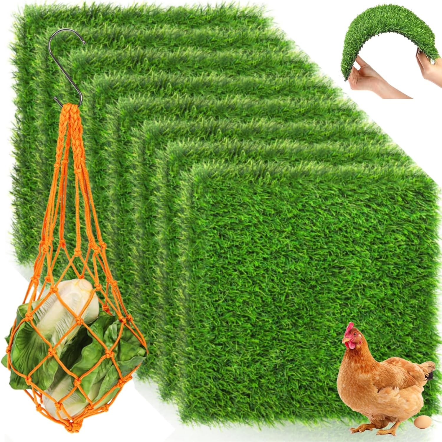 8 Pack Chicken Nesting Pads with Vegetable String Bag, 12"x12"x1.2" Washable Hen Coop Synthetic Turf Mat, Artificial Nest Box Bedding Grass Rug Carpet for Laying Eggs, Garden Lawn