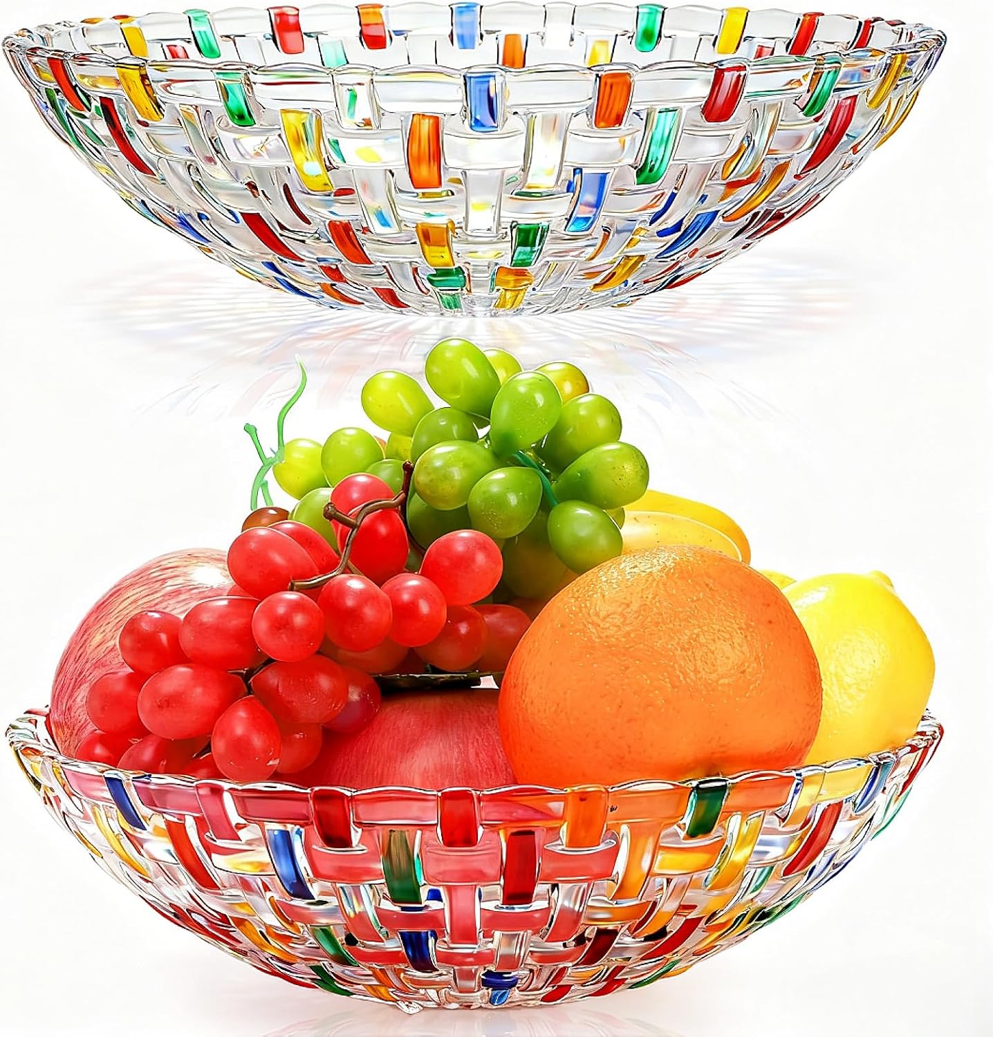 2 Pack Colorful Crystal Glass Fruit Bowls, 10" Hand Painted Woven Art Bowl, Decorative Large Plate to Display Salad Dessert Cake Candy Snack for Home Office Wedding Centerpiece Decor