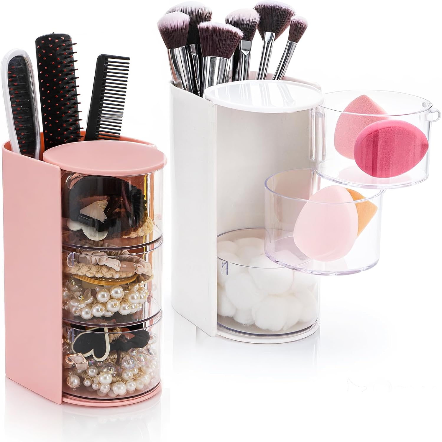 2 Pack Hair Brush Holders, 3-layer Rotatable Tie Organizer, Clear Acrylic Accessories Storage Box for Girls, Bathroom Makeup Container Case Headband Bow Clip Cotton Swab
