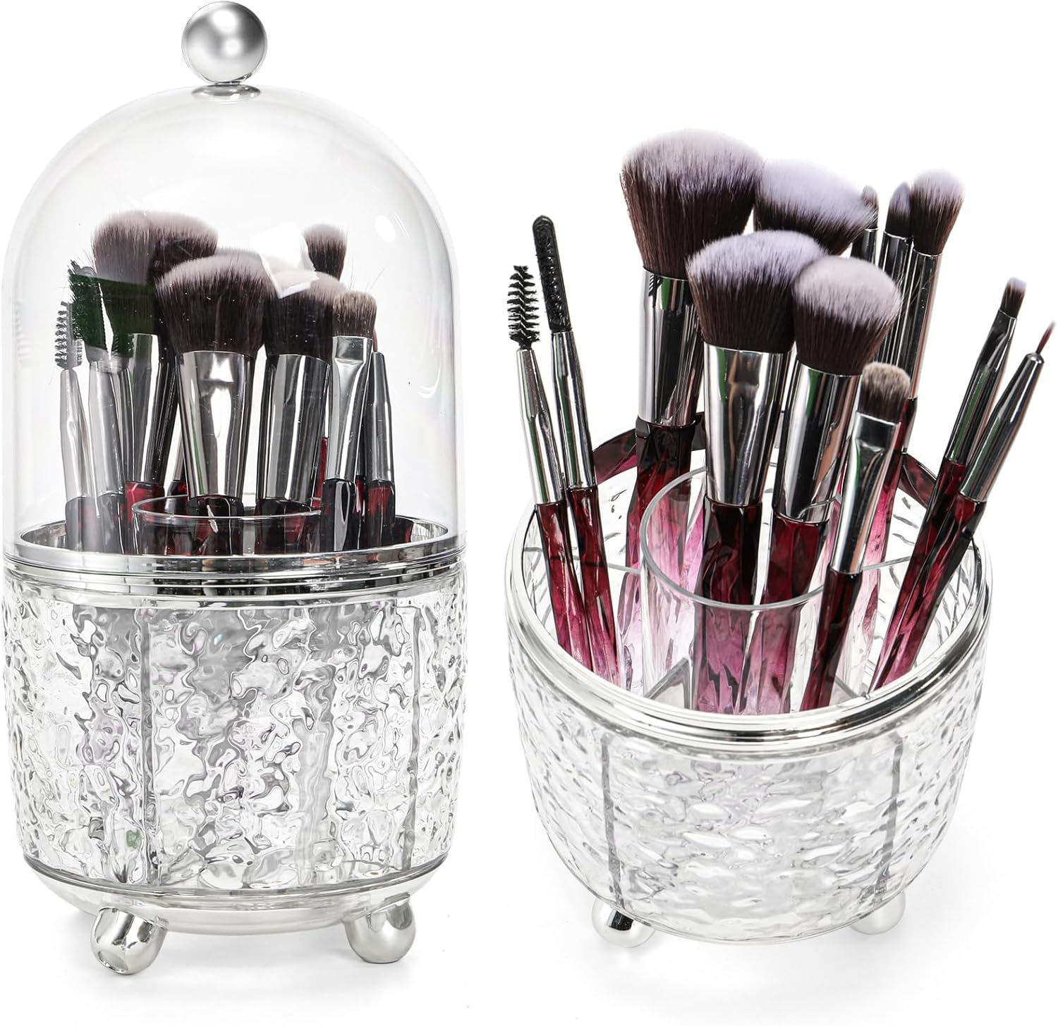 Rotating Makeup Brush Holder, Dustproof Cosmetic Tools Organizer with Lid, 360° Spinning Covered Brushes Storage Anti-slip Pads for Vanity, Bathroom Countertop & Bedside Table, Clear