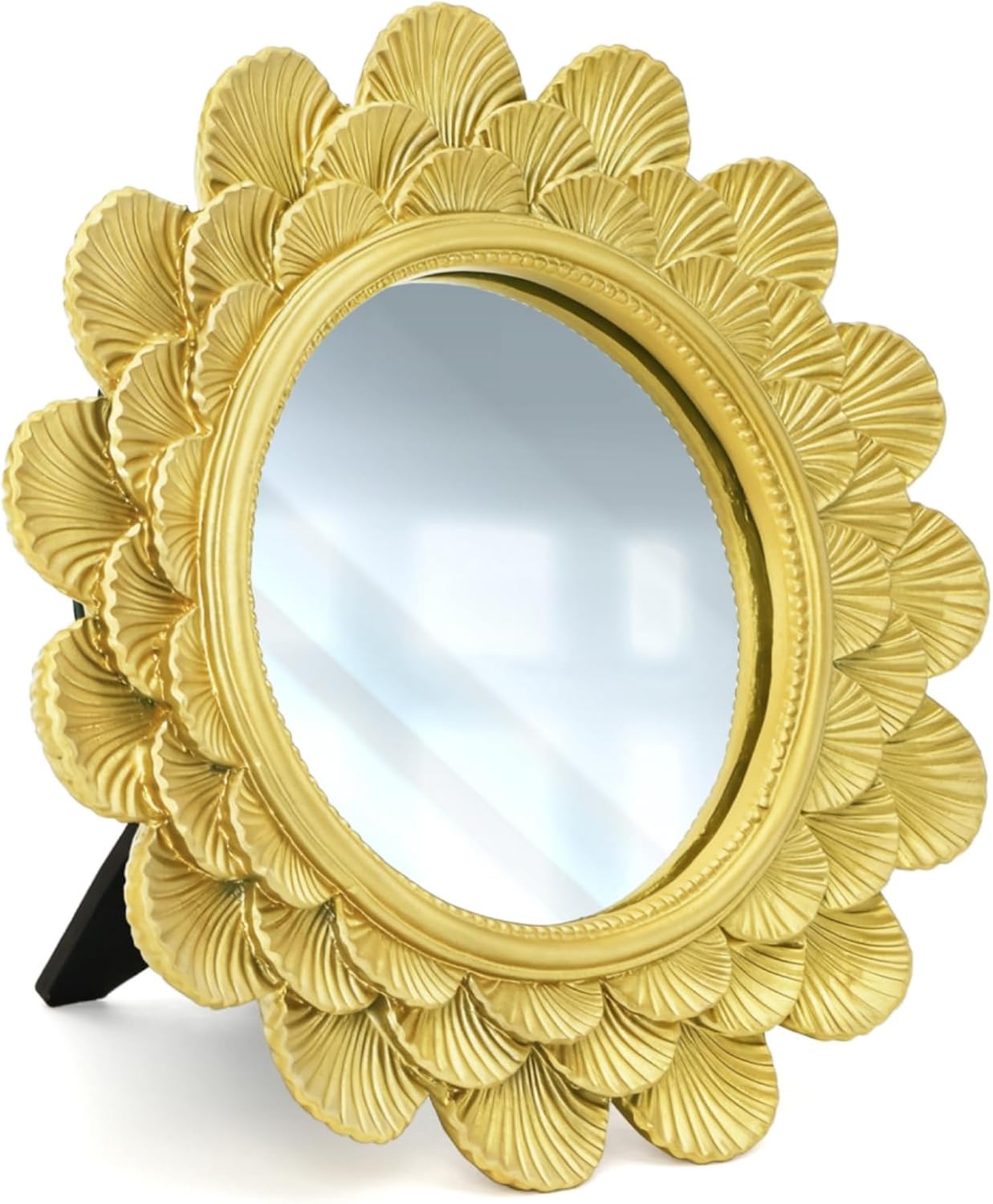 6.5" Vintage Vanity Makeup Desk Mirror, Small Gold Round Mirror for Table, Antique Scallop Edged Wall Decorative Living Room Bedroom Dressing Tabletop