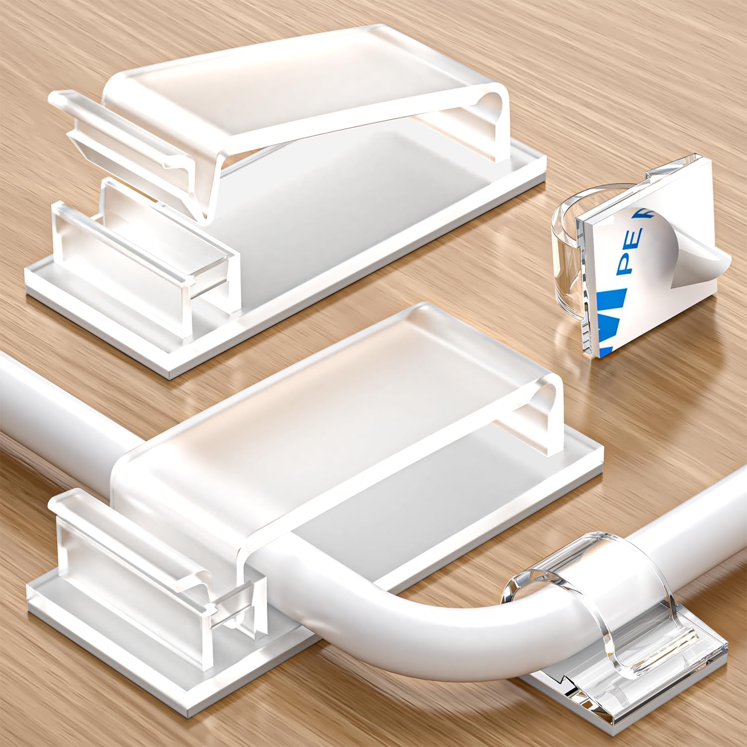 70 self-adhesive cable clips - 50 small + 20 large self-adhesive cable organizers - plastic cable organizer clips for organizing cables on the wall - on the desk and in the home office clear