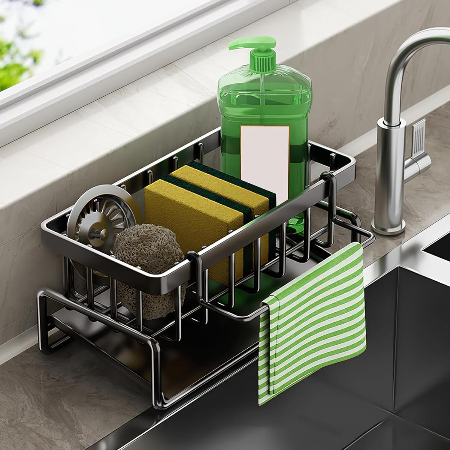 Multifunctional kitchen sink caddy - black stainless steel sponge holder - countertop cleaning rack with removable cloth holder - dish drying rack for kitchen and bathroom black
