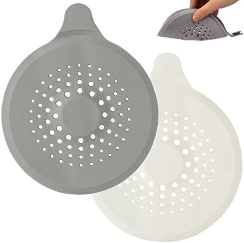 2-pack shower drain hair catchers with strong suction cups, silicone sink strainer protector, shower drain cover, hair stopper, sink strainer for bathroom, bathtub, kitchen sink white + grey