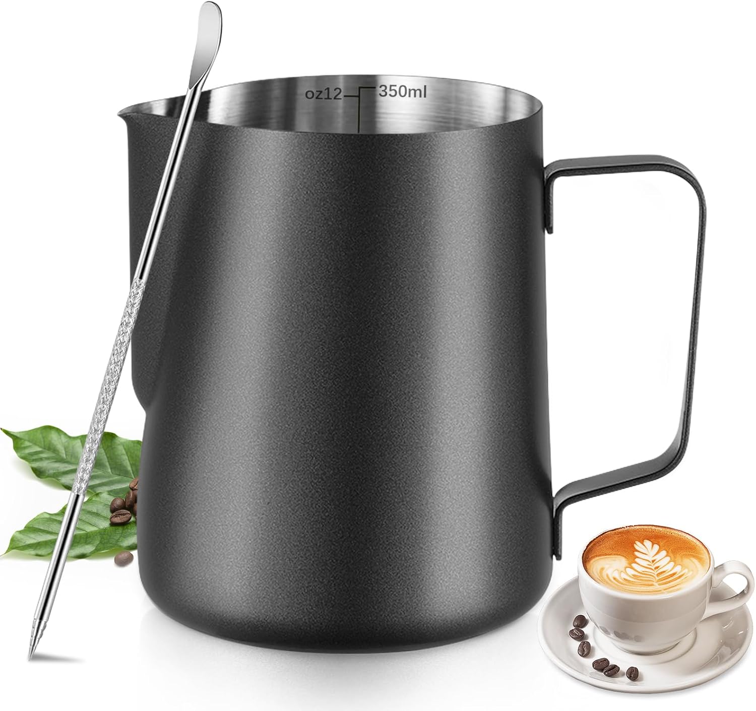Melkopschuimpot - 350 ml stainless steel milk frothing jug for milk, coffee, cappuccino, latte art, barista frothing jug with decorative pen black