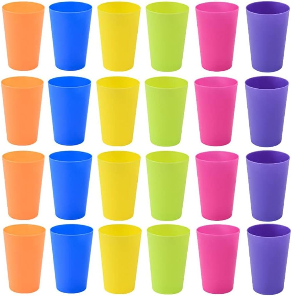 Set of 24 reusable plastic cups, 250 ml, durable plastic drink cups for kids, for use in the kitchen, outdoors, parties, picnics, barbecues, travel 6 bright colours