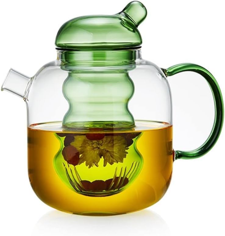Handmade glass teapot for the stove with removable glass tea infuser - 2-in-1 flower teapot - Suitable for electric cooktops and kitchen appliances colour: green