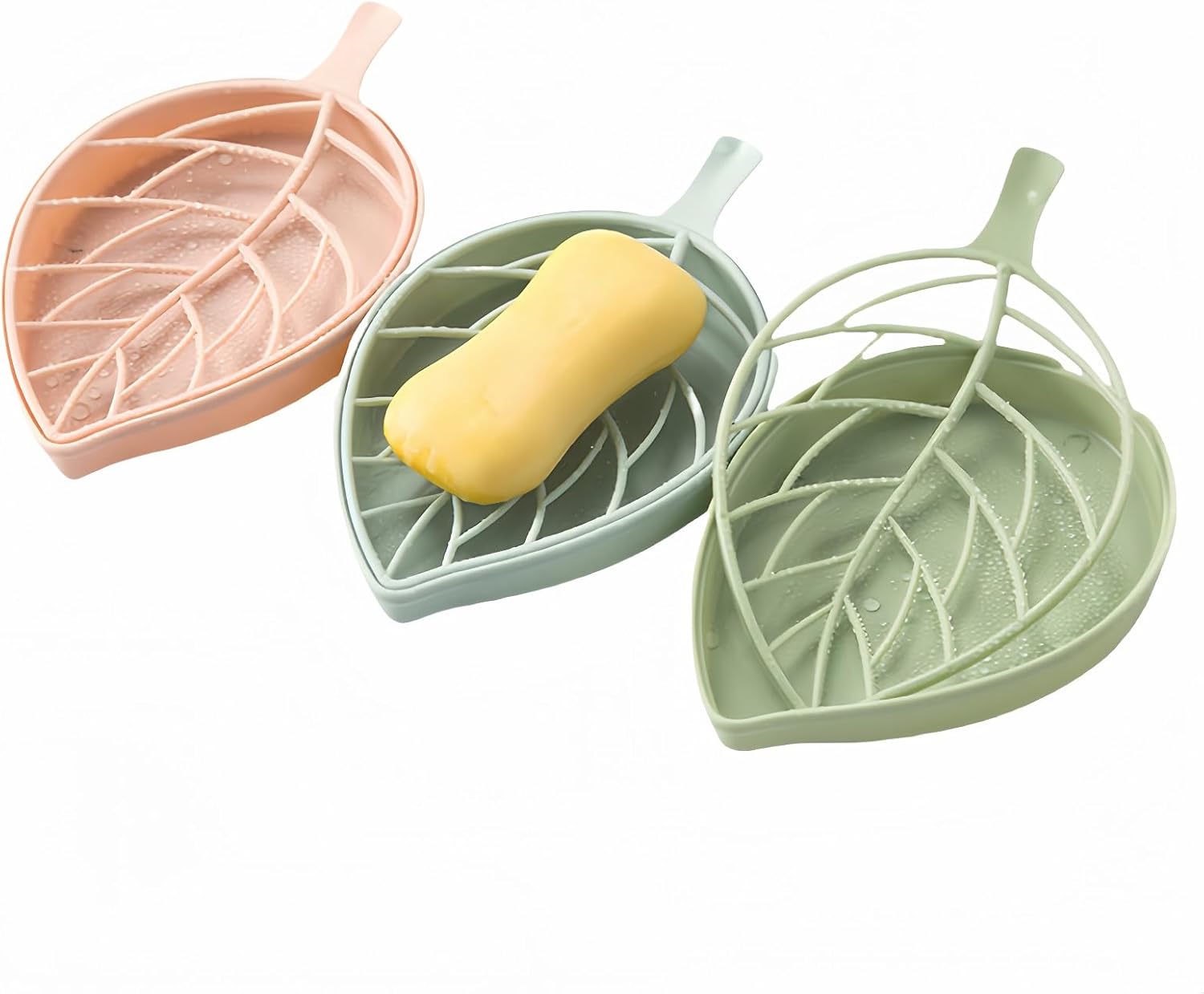 Soap dish set in leaf shape - soap dish and draining rack with double layer leaf design - removable wall-mounted storage rack suitable for showers - no drilling required light green/blue/pink