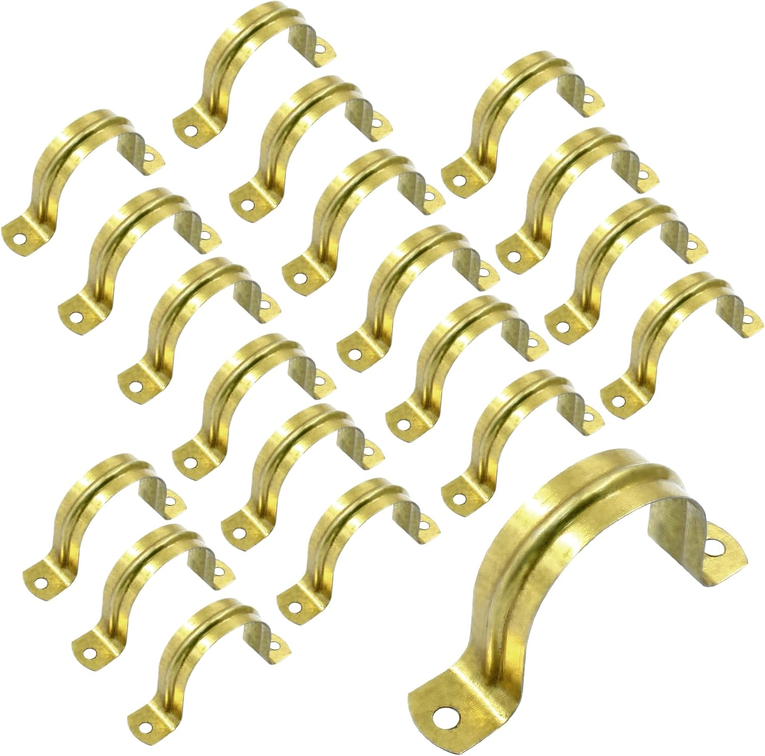 Biaungdo 20 Pcs M40 Rigid Pipe Strap, 1-1/2 Inch Stainless Steel Two Hole Strap U Bracket Pipe Clamps Heavy Duty Conduit Clamps Tension Tube Clip Cable Clamp Hanger with 2 Holes for Pipe Cable Gold