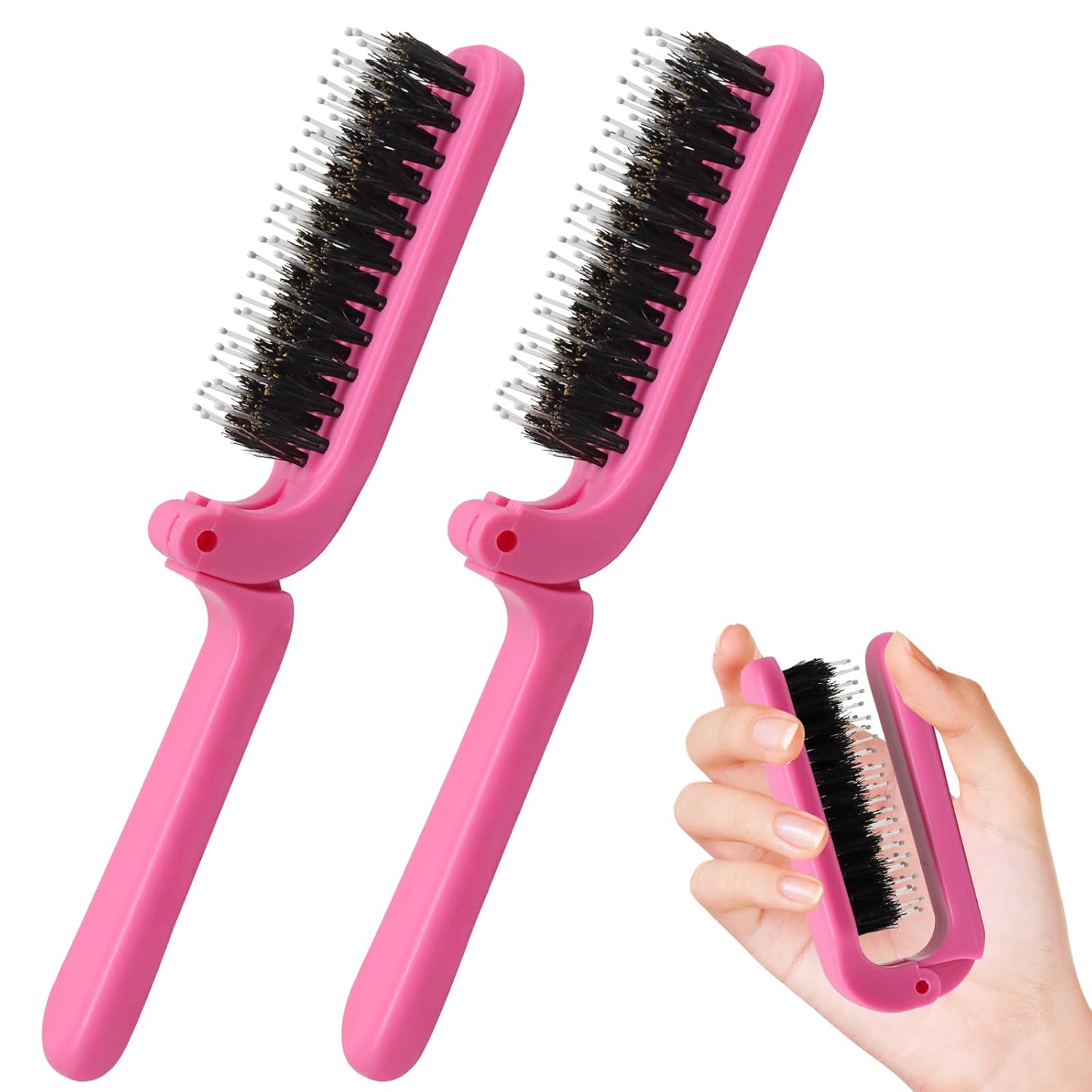 Biaungdo 2 Pack Foldable Hair Brush, Boar Bristle Hair Brush for Women & Men, Mini Travel Hairbrush Portable Collapsible Pocket Comb for Any Hair Types Hot Pink