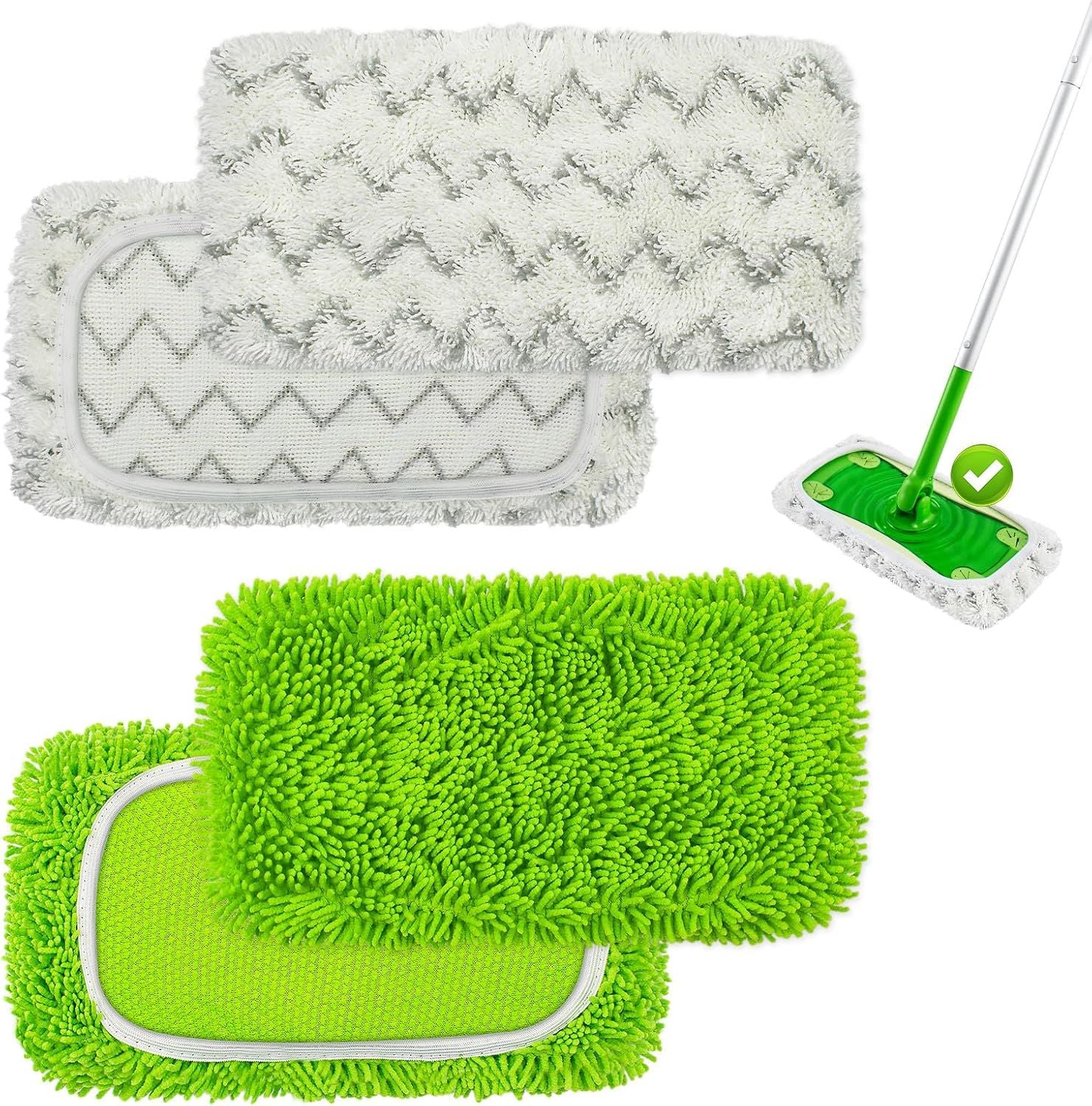 4 Pack Reusable Mop Pads Compatible with Swier Sweeper Mop,Wet Pads Reill & Dry Sweeping Cloths,Chenille & Microiber Reill Pads or Wood loor Cleaning,Washable Wet Mopping Cloths,Green & Gray