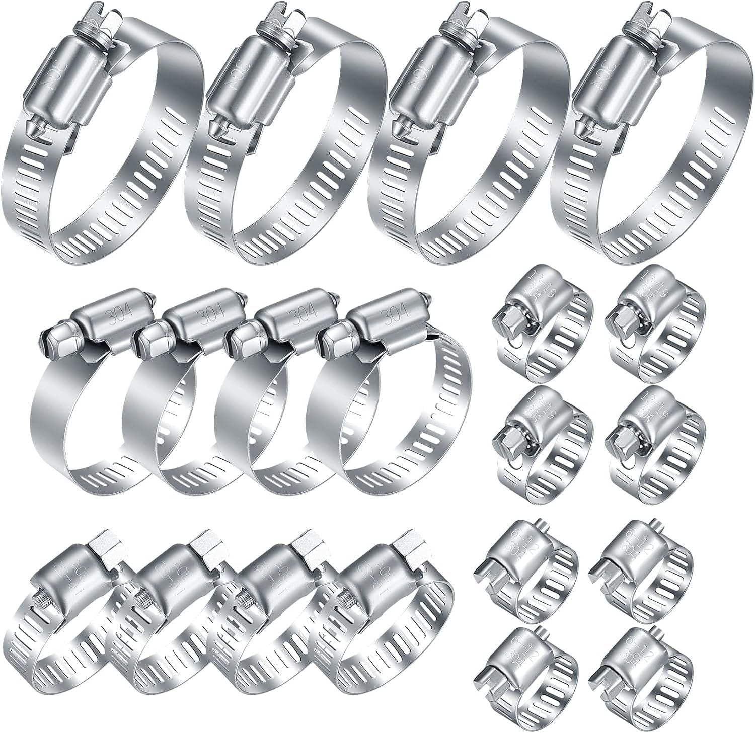 20Pcs Adjustable Stainless Steel Hose Clamps Assortment Kit, 1/4-2 in 6-51mm Worm Gear Pipe, uel LineHeavy Duty or Plumbing, Washing Machine, Mechanical,Garden and Automotive Hose Connections