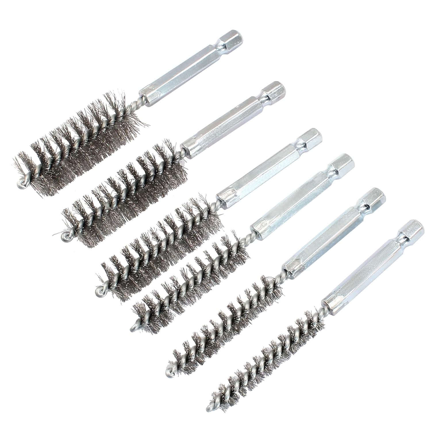 Biaungdo 6 Pcs Stainless Steel Bore Brush, Twisted Wire Drill Brush Metal Bristles Wire Brush Bore Cleaning Brush with Hex Shank Handle for Power Drill Plumbing Tools 8/10/12/15/17/19mm