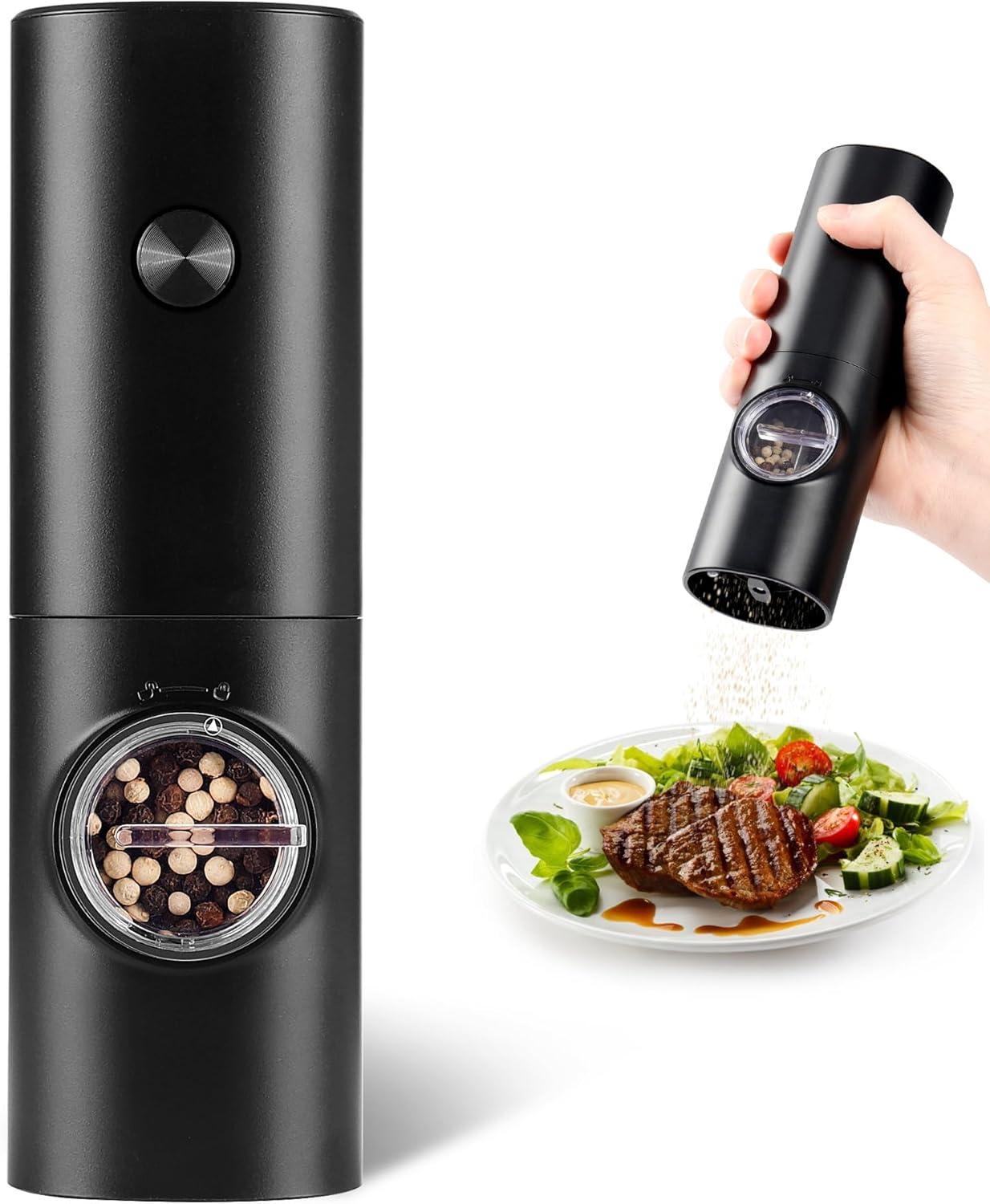 Electric Pepper Grinder or Salt Mill, Battery Powered Automatic Pepper Mill, Ceramic Grinder with Adjustable Coarseness, LED Light, One Hand Operation 1 pack