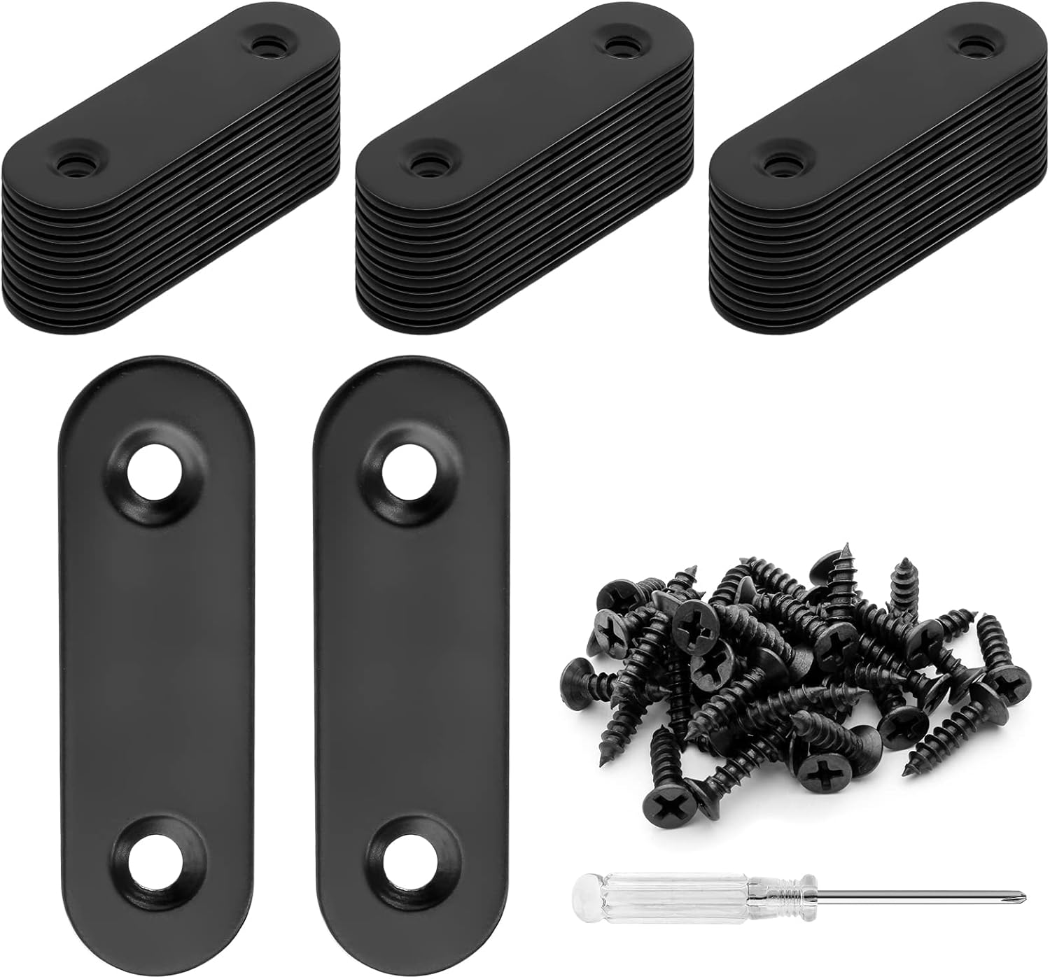 Biaungdo 20 Sets 2" Stainless Steel Flat Plate Straight Bracket, Black Metal Corner Brace Brackets Mending Repair Plate Brace with Screws & Screwdriver for Wood 50mm x 16mm x 2mm