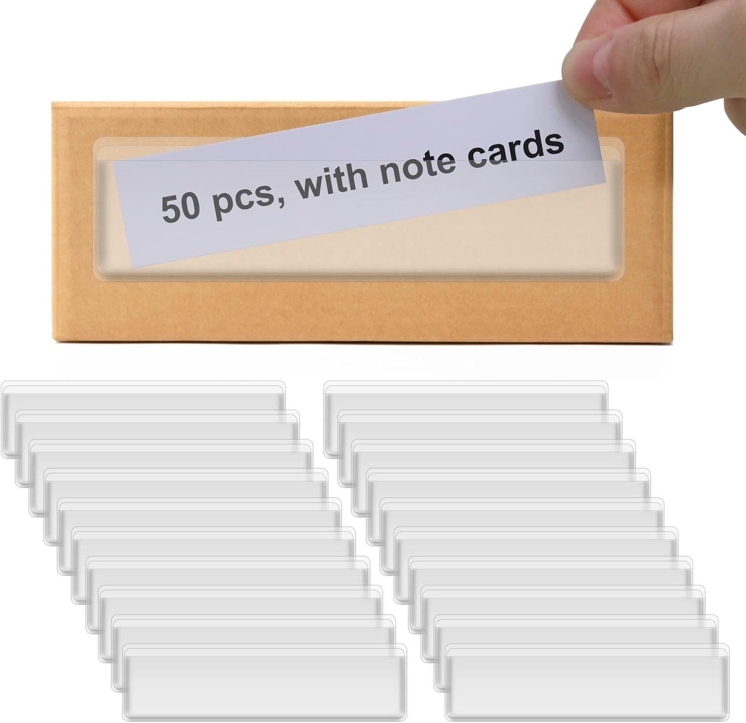 Label Holders Adhesive Shel Tags - 50Pcs Clear Plastic Labels or Storage Bins with Name Label Badge Inserts, Removable Adhesive Pockets or Shel Mailbox Binders Drawers Cabinets Organizer