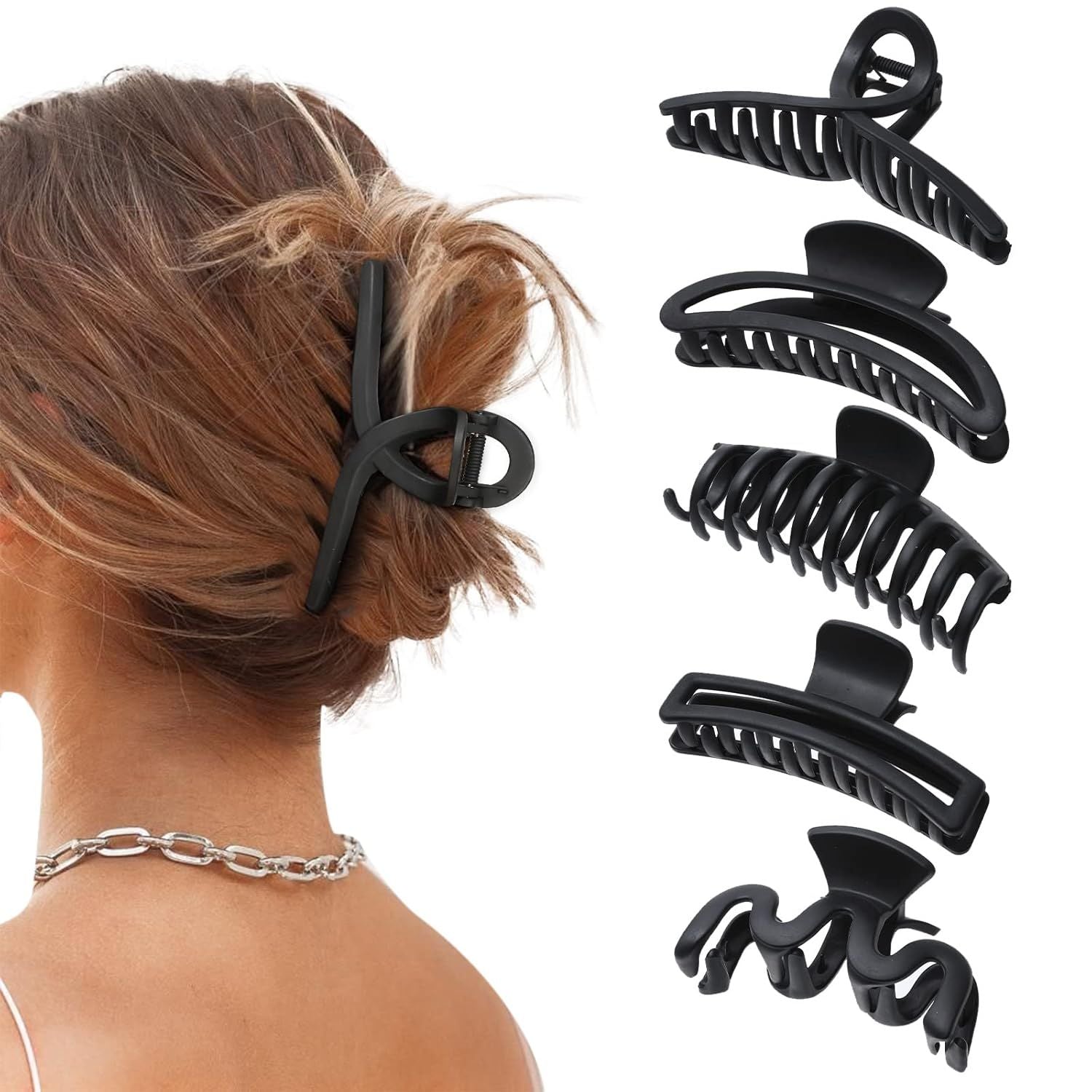 5PCS Large Claw Hair Clips or Thick Hair Big Banana Hair Clips or Women Nonslip Strong Hold Hair Claw Clip Matte Black