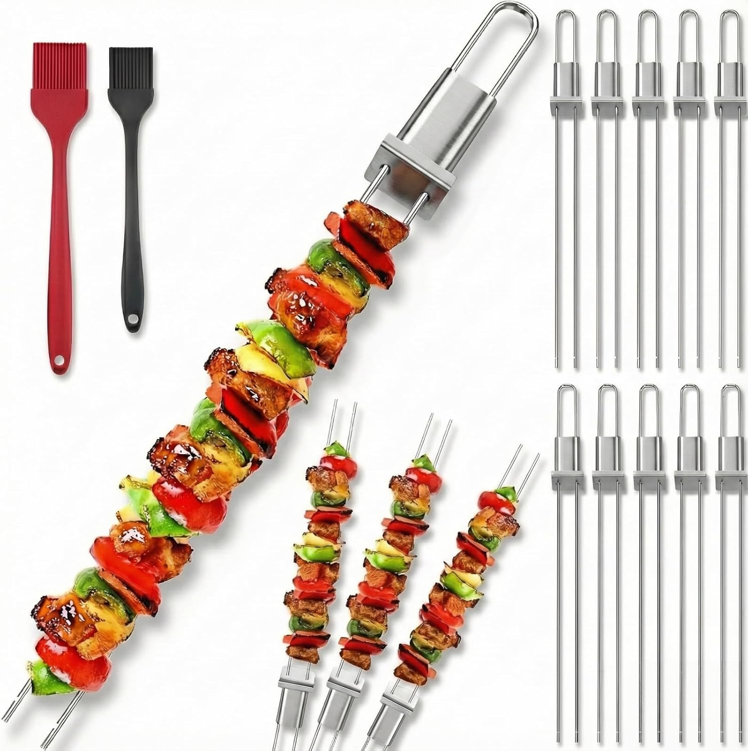Kabob Skewers for Grilling, 10 Pack 13" Double Pronged with Push Bar, Stainless Steel BBQ Skewers with 2 Brushes, Reusable for Meat, Shrimp, Chicken, Veggie, Perfect for Camping & Family Use.