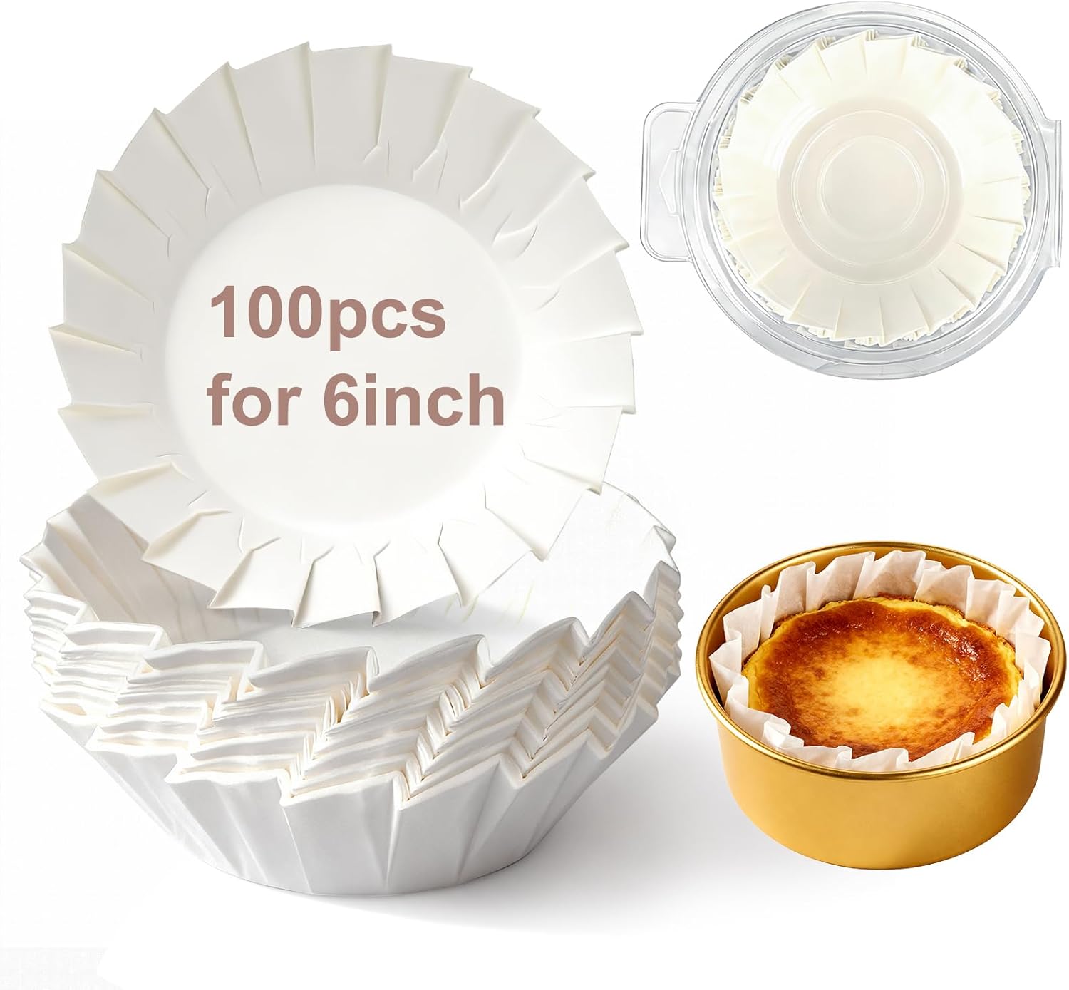 YQL 100PCS 6 Inch Disposable Basque Cake Liners, Non-Stick Parchment Baking Cups for Cheesecake, Muffin, Cupcake, Heat-Resistant Wrappers for Oven, Air Fryer, Microwave, White