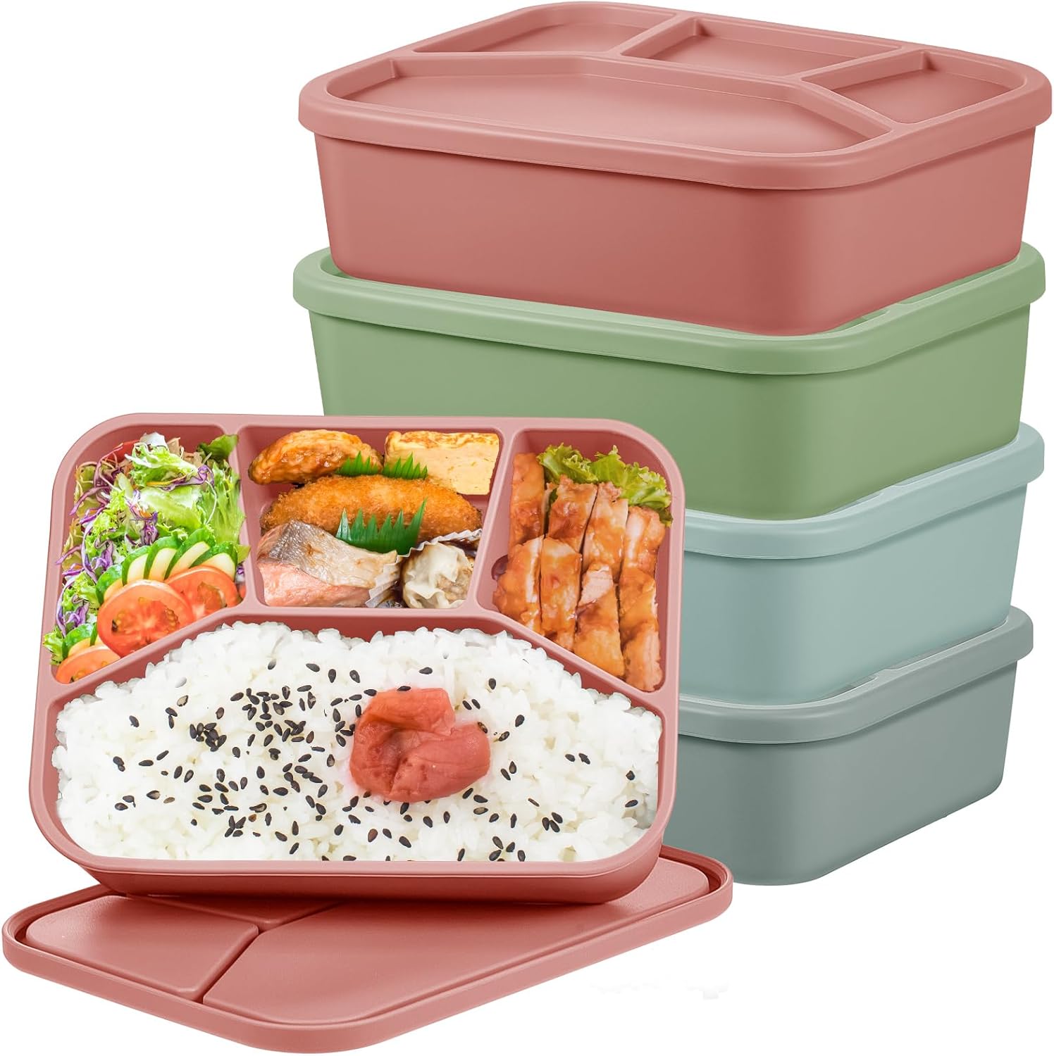 4 Pcs Silicone Bento Box Reusable Lunch Container Smooth Leak Proof Lunch Box Rectangle Bento Boxes for Adult Work Travel Food Meal Compartment Storage, 4 Colors Classic Colors