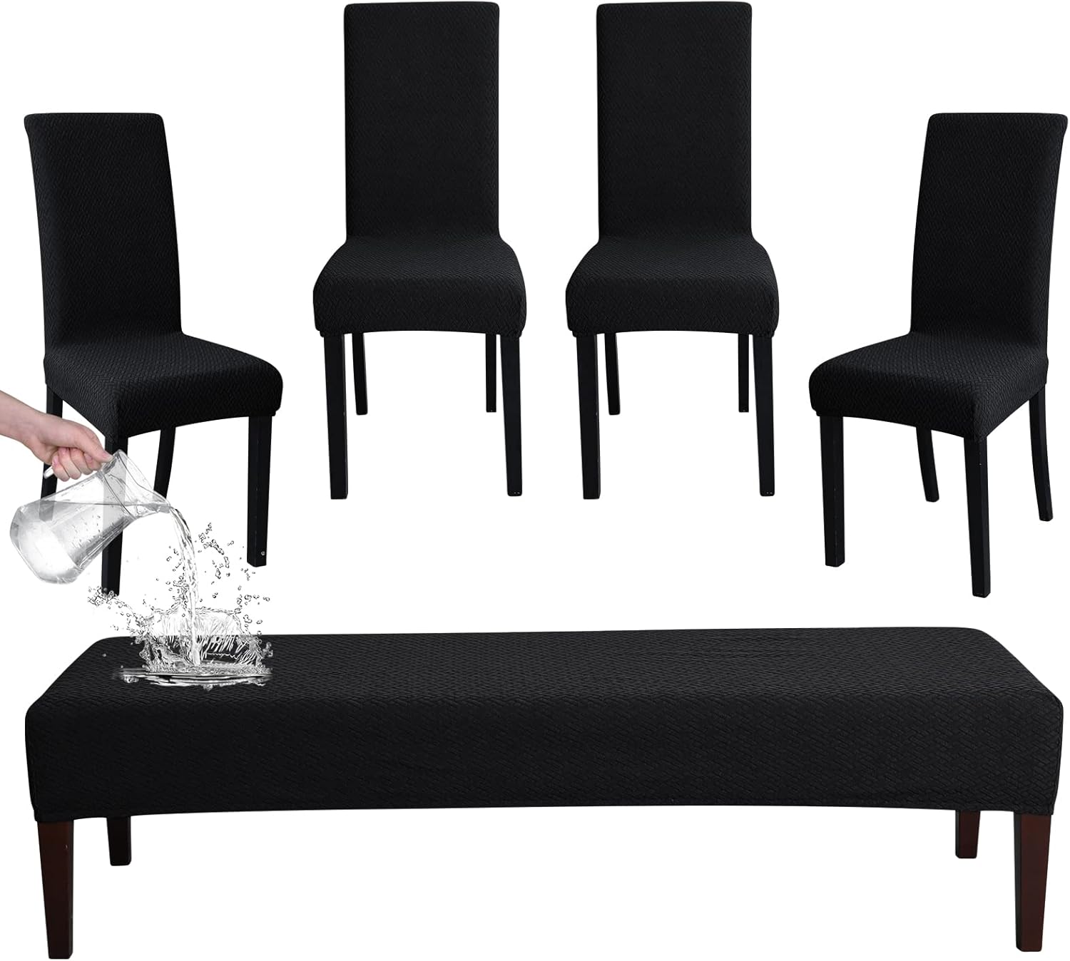 FORCHEER Dining Chair Covers and Bench Covers Set Waterproof Black Jacquard 4 Dining Room Chair and Bench Slipcover Washable