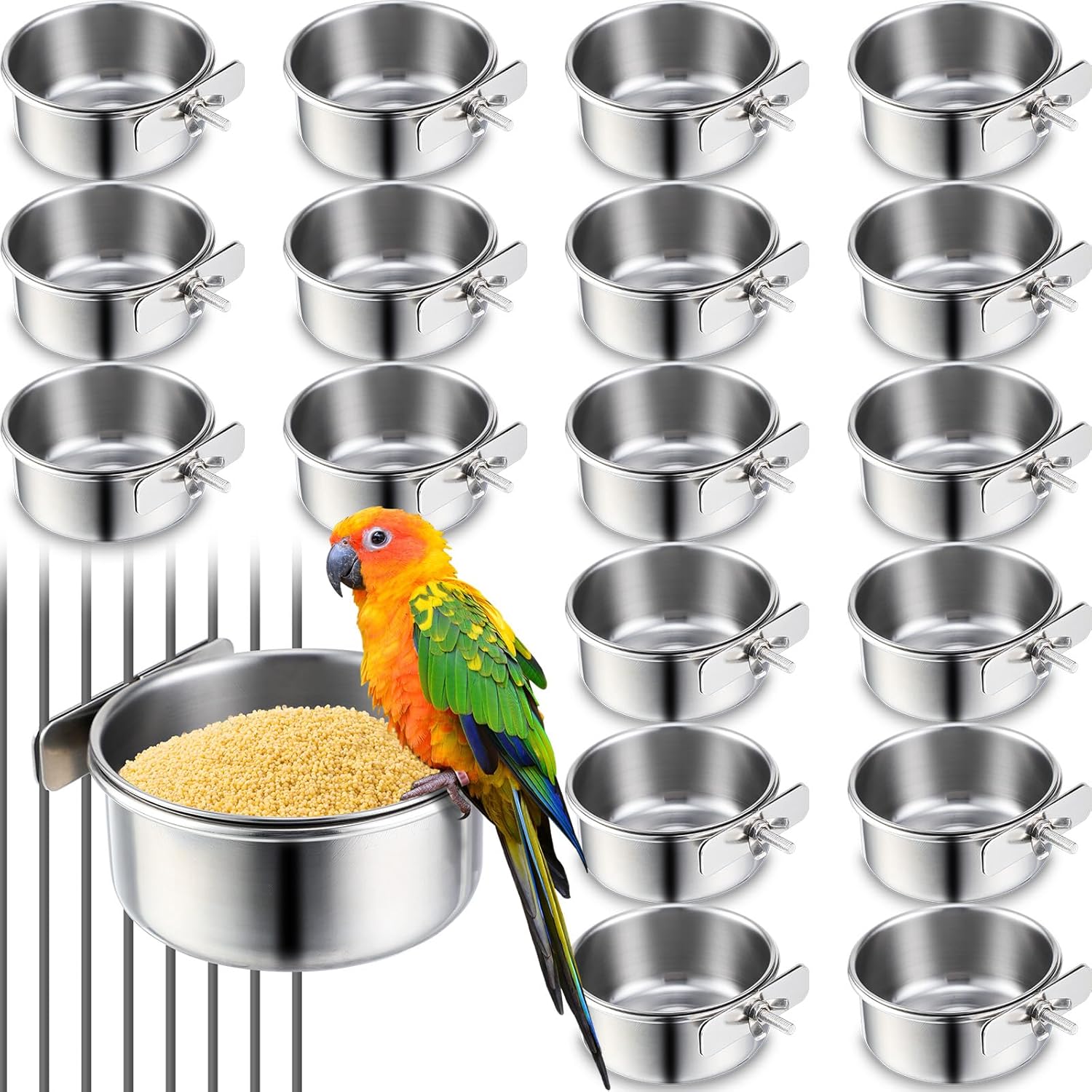 24 Pcs Stainless Steel Parrot Food Bowls Bulk 10 oz Bird Feeding Dish Cups for Cages Bird Bowls with Clamp Pet Water Feeders Cage Accessories for Parakeet Parrot Budgie Rabbit Chicken