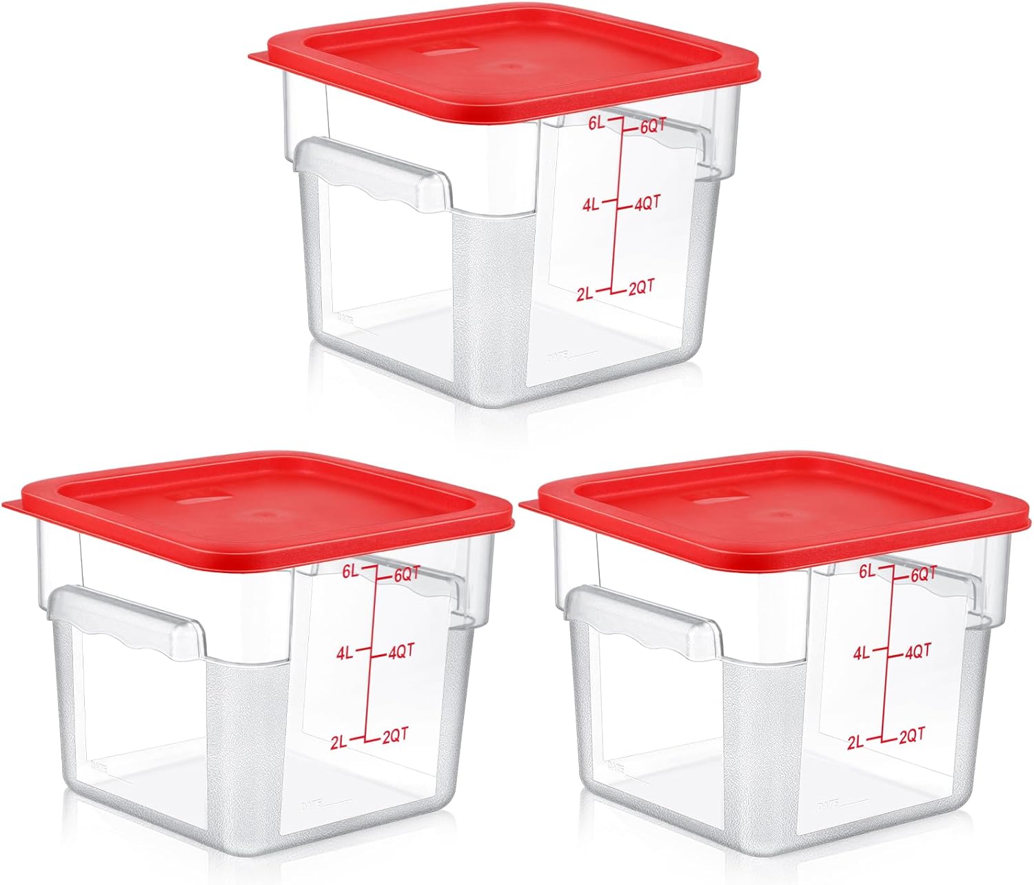 3 Sets 6 Qt Square Food Storage Containers with Lids Dough Proofing Bucket Commercial Polycarbonate Containers with Scale Clear Airtight Cereal for Pantry Home Restaurant Red