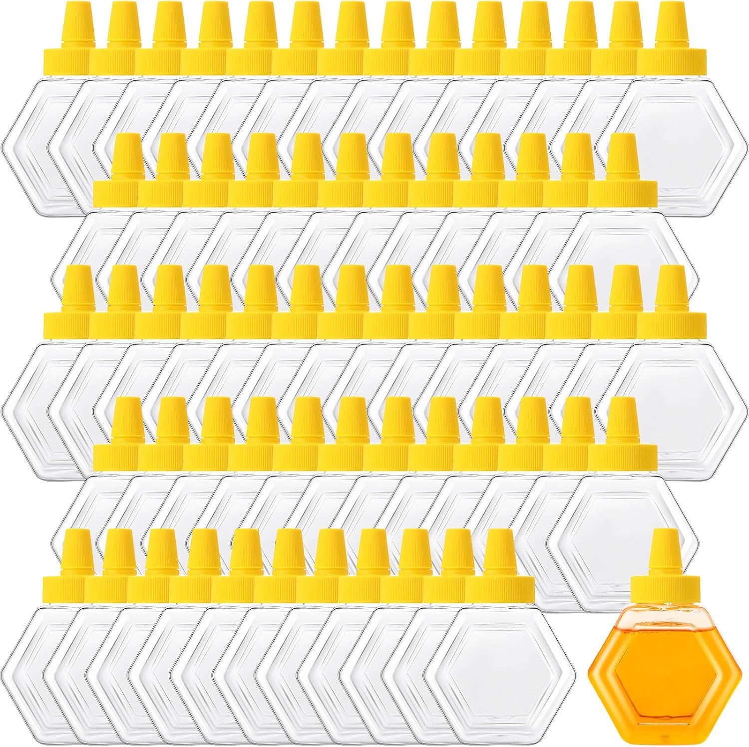 64 Pcs 7 oz Honey Squeeze Bottle Plastic Empty Beehive Bottle Jar with Spout Lid Clear Refillable Honey Containers for Condiment Storing and Dispensing Dispenser Hexagon