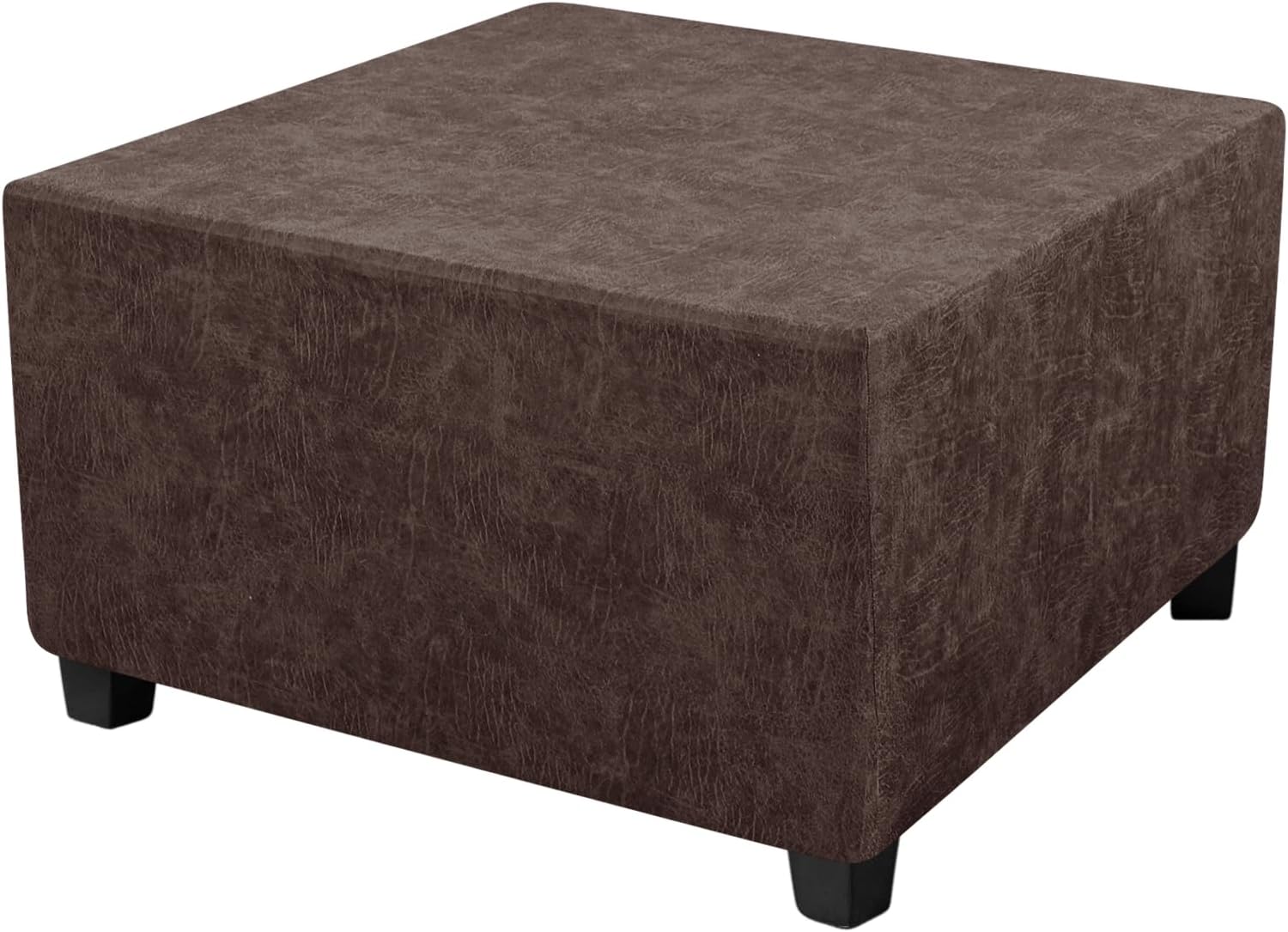 Leather Looking Ottoman Cover Brown 40x40x15inch Stretch Footstool Slipcover 1 Piece Washable Removable