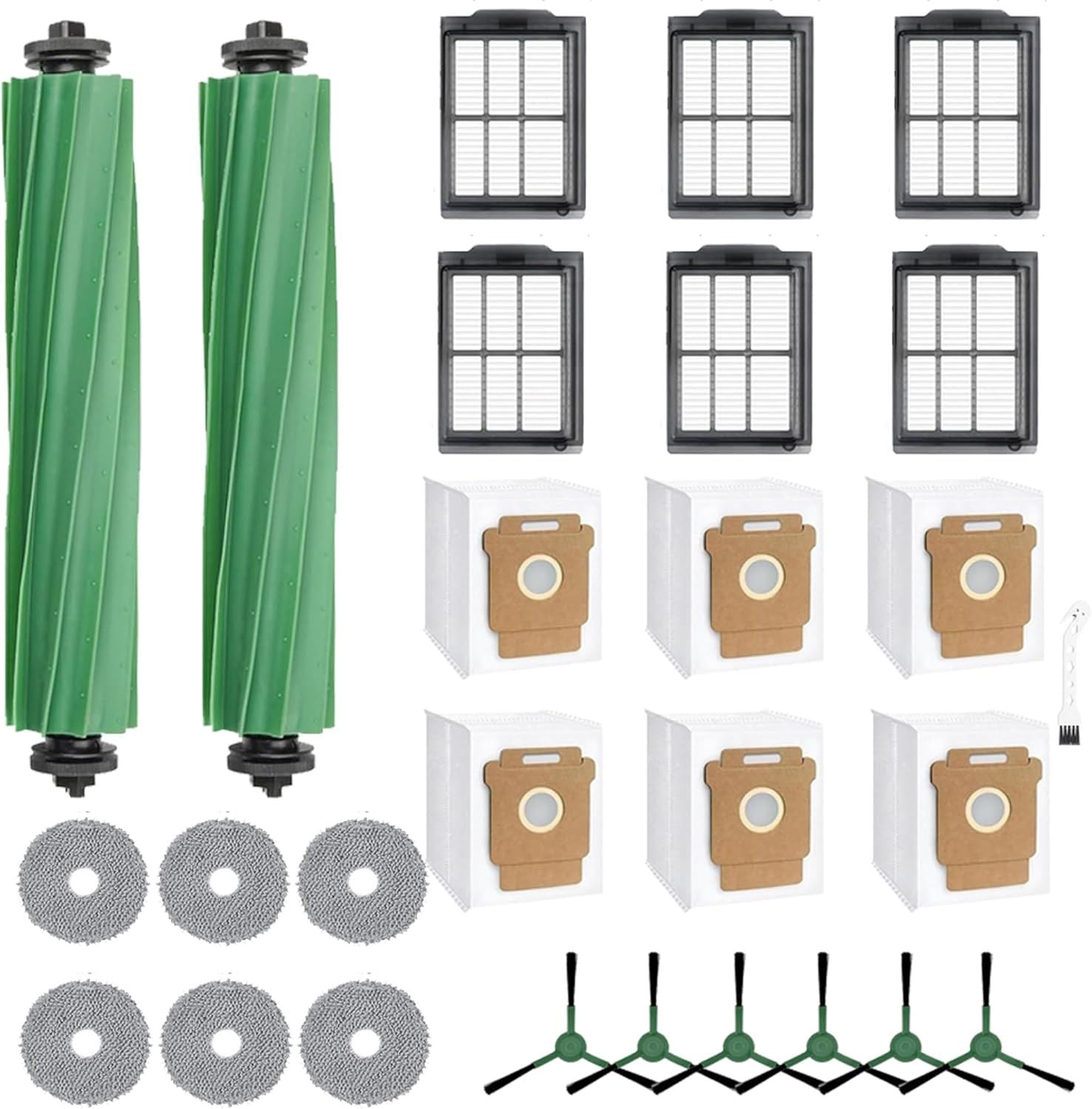 Replacement Parts Compatible with Combo 405/505, 24-Piece Set with 2 Roller Brushes, 6 Dust Bags, 6 Side Brushes, 6 ilters & 6 Mopping Pads