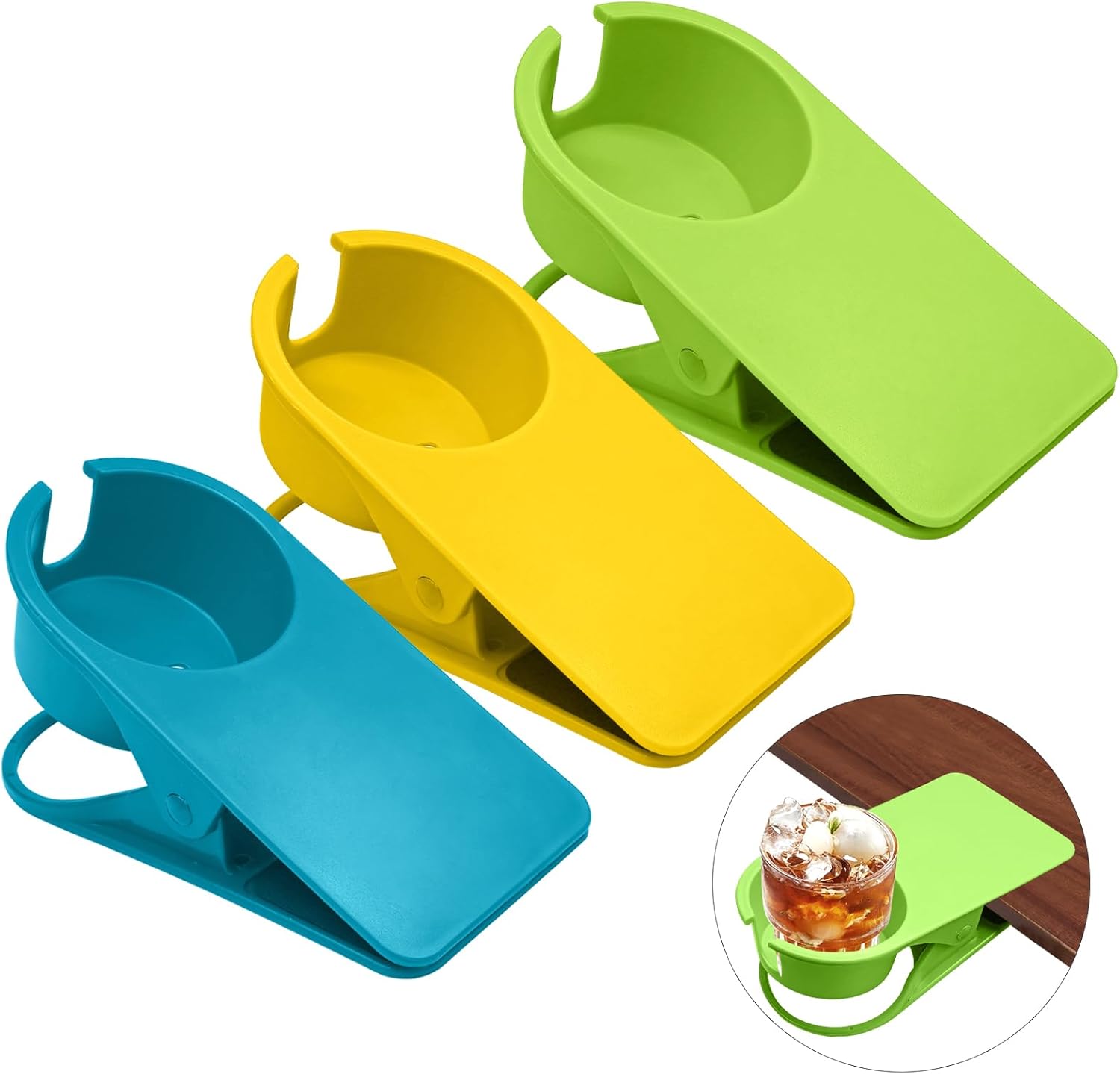 Biaungdo 3 Pack Drinking Cup Holder Clip with Side Hole, Desk Drink Holder Desk Side Clamps Clip Cup Holder Chair Cup Holder for Water Drink Beverage Soda Coffee Mug Holder Green, Blue, Yellow